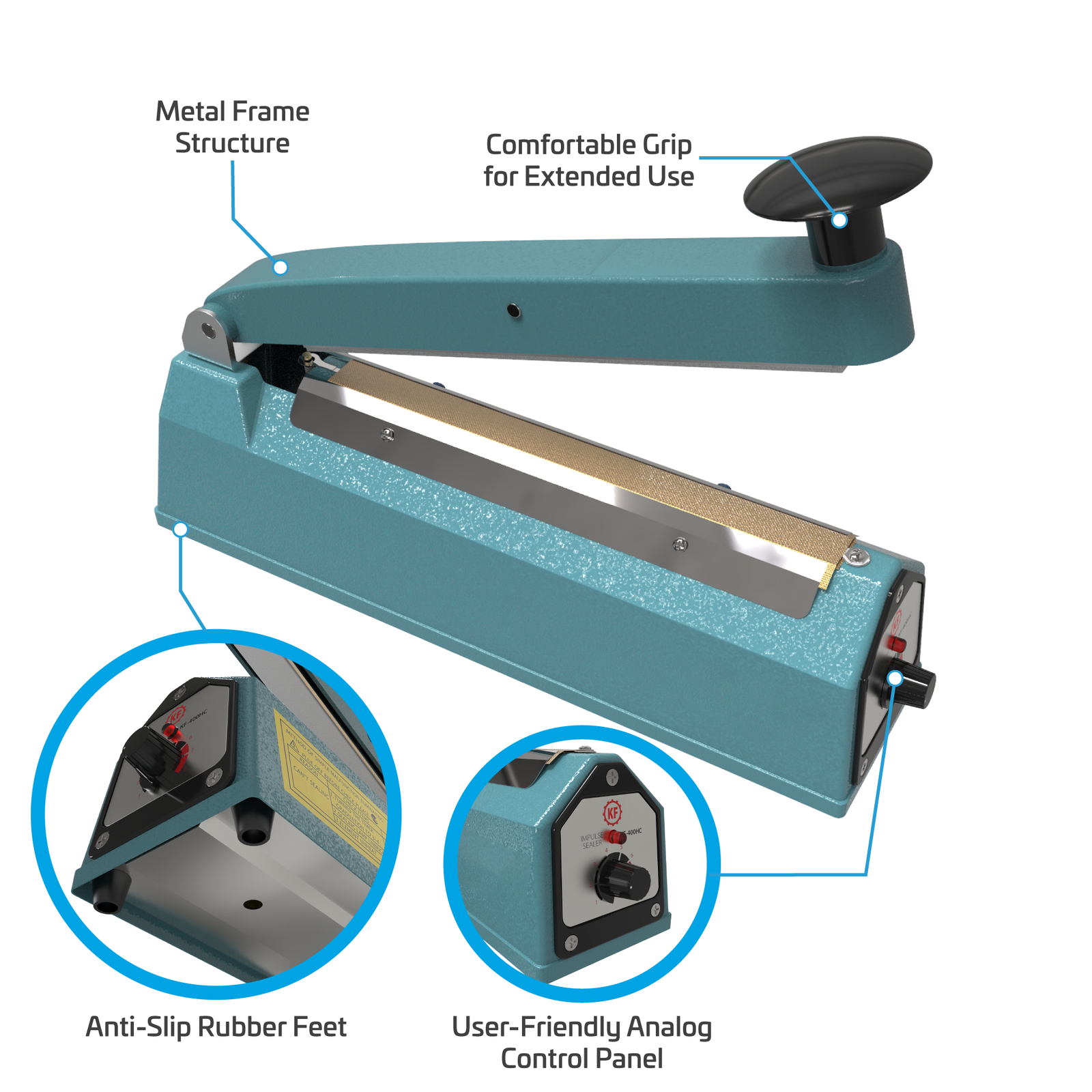 Infographic shows blue manual impulse sealer over white background. Highlighted features include, Metal Frame Structure, Comfortable Grip for Extended Use, Anti-slip Rubber Feet, and User Friendly Analog Control Panel. Zoomed images show close-ups of rubber feet and control panel.