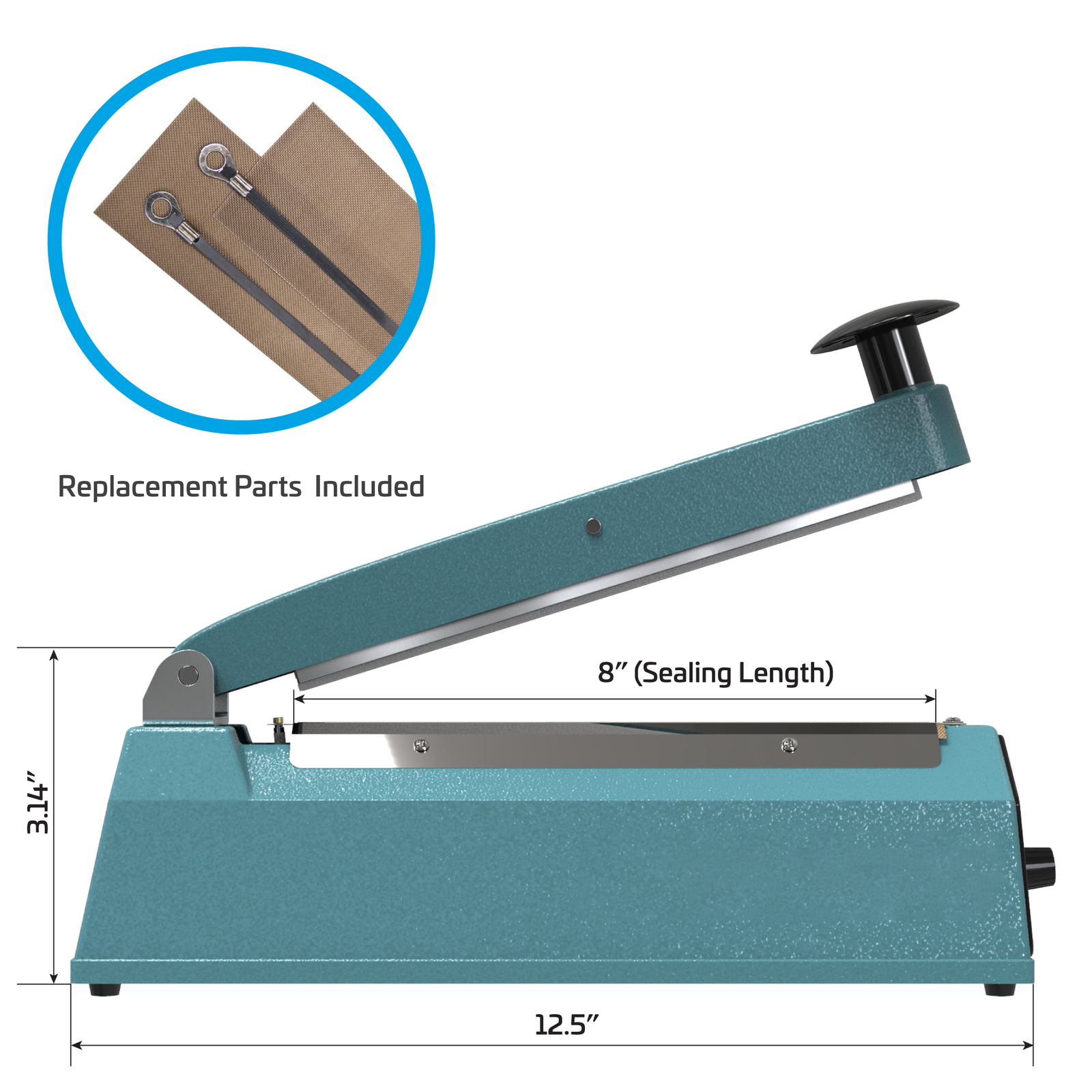 Blue manual impulse sealer with machine measurements. Text reads 