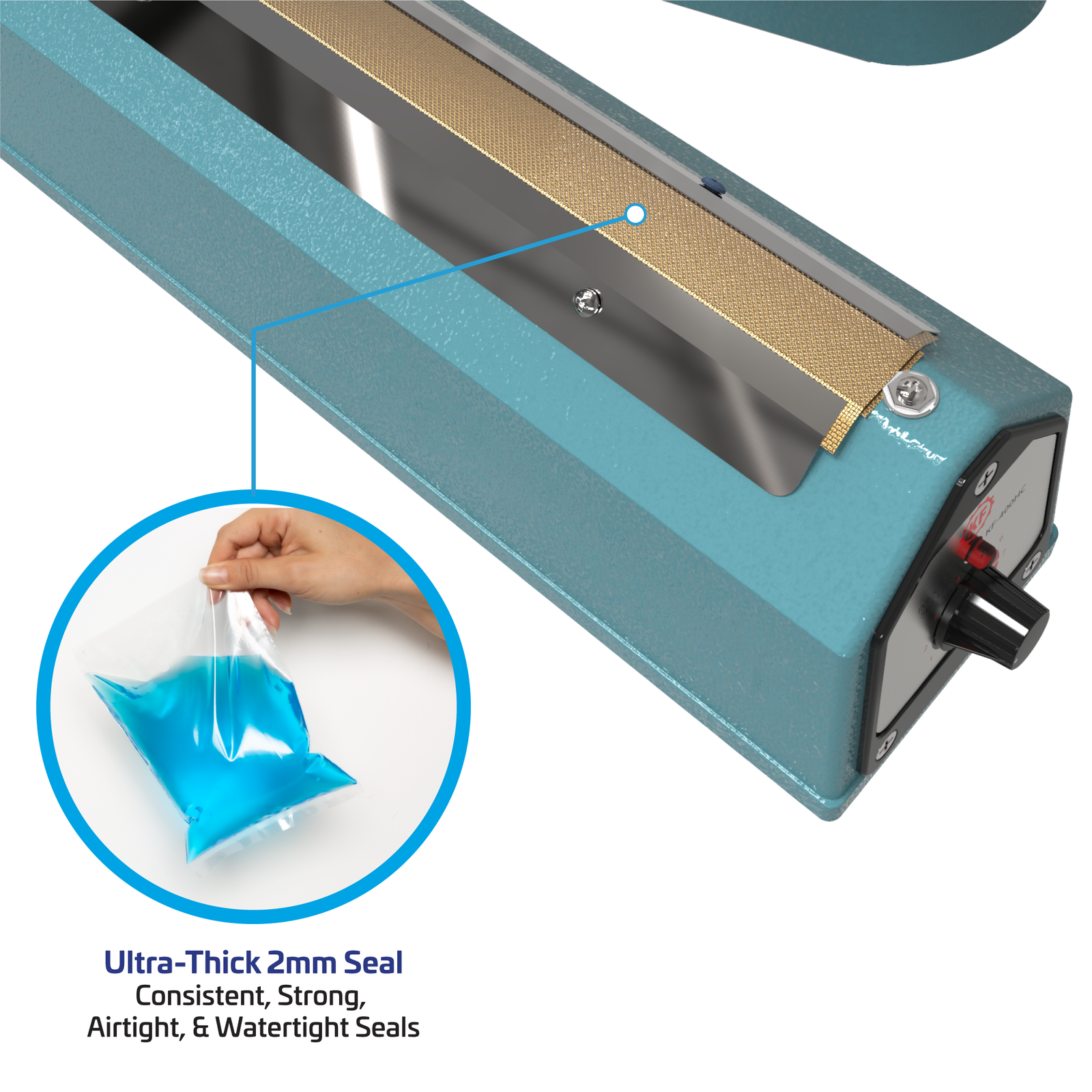 Close-up of manual impulse sealer. Zoom in showing the sealing element. Text reads 