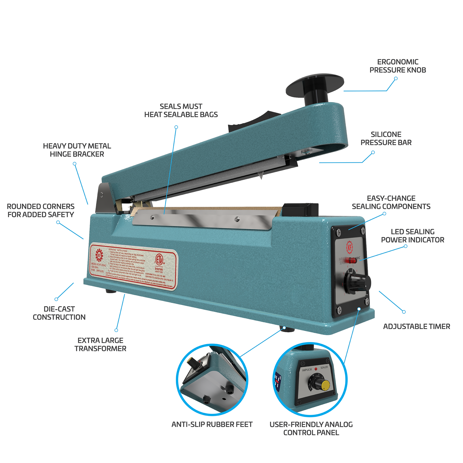 Features of the manual heat sealing machine with cutter: adjustable timer, analog control panel, extra large transformer, die cast construction, rounded corners, heavy duty metal seal for sealable bags, ergonomic pressure knob, silicone pressure bar, easy change sealing components, led sealing power indicator