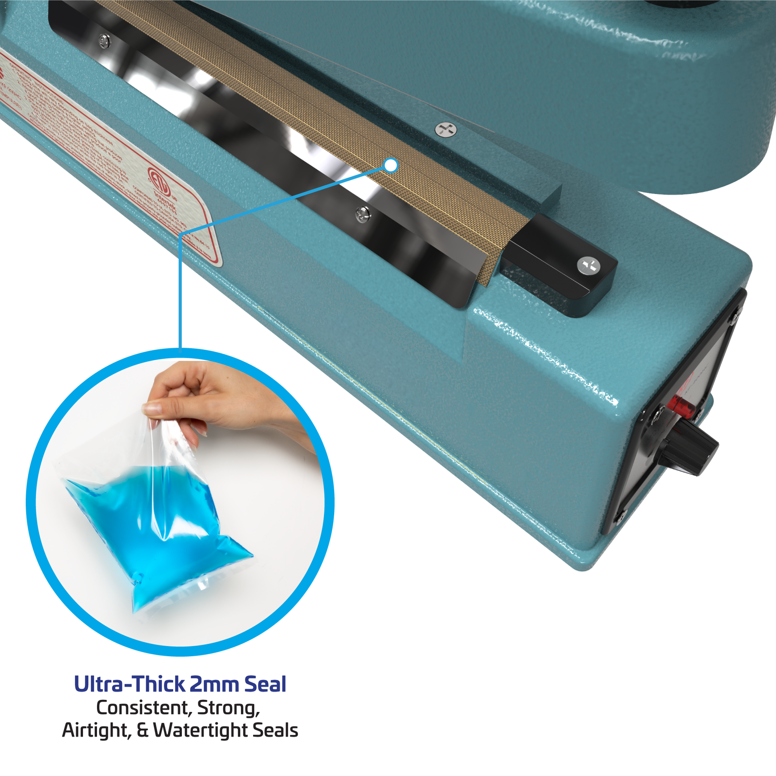 8 inch manual impulse bag sealer over white background. Showing the sealing element. Features read 