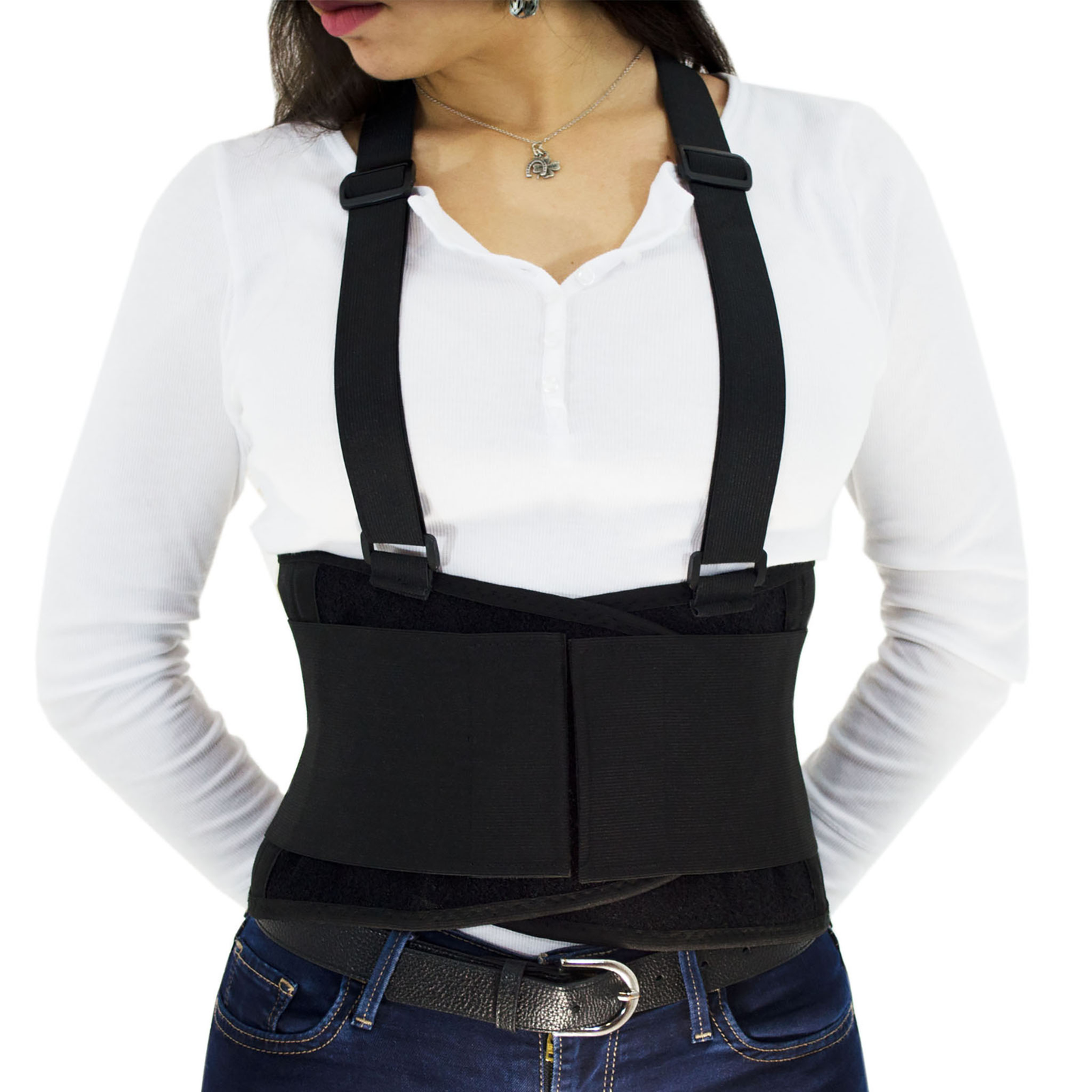 Front a lady wearing the back JORESTECH back support belt with adjustable suspenders 