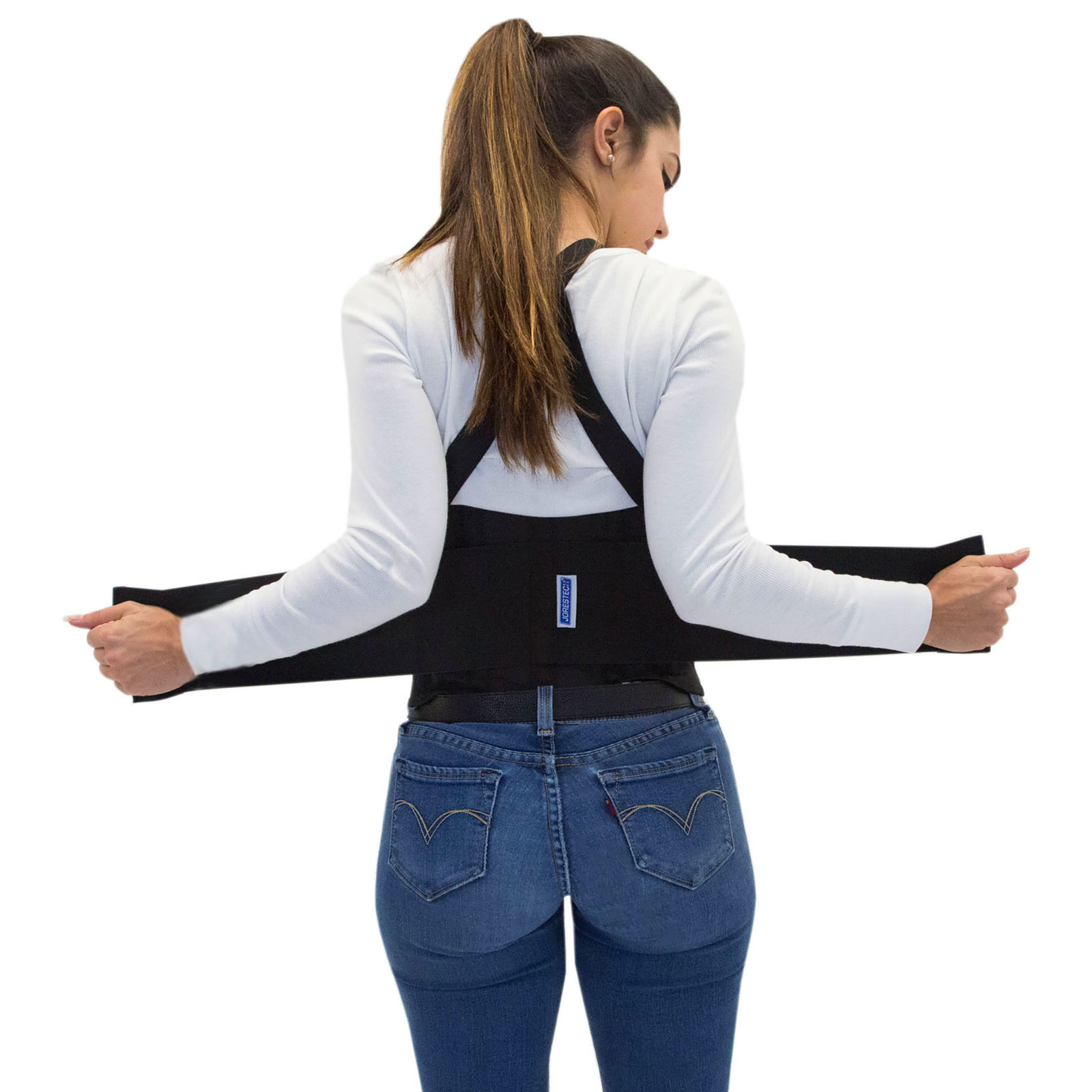 Back view of a lady pulling the elastic straps while donning the JORESTECH back support belt to adjust it to her wait size