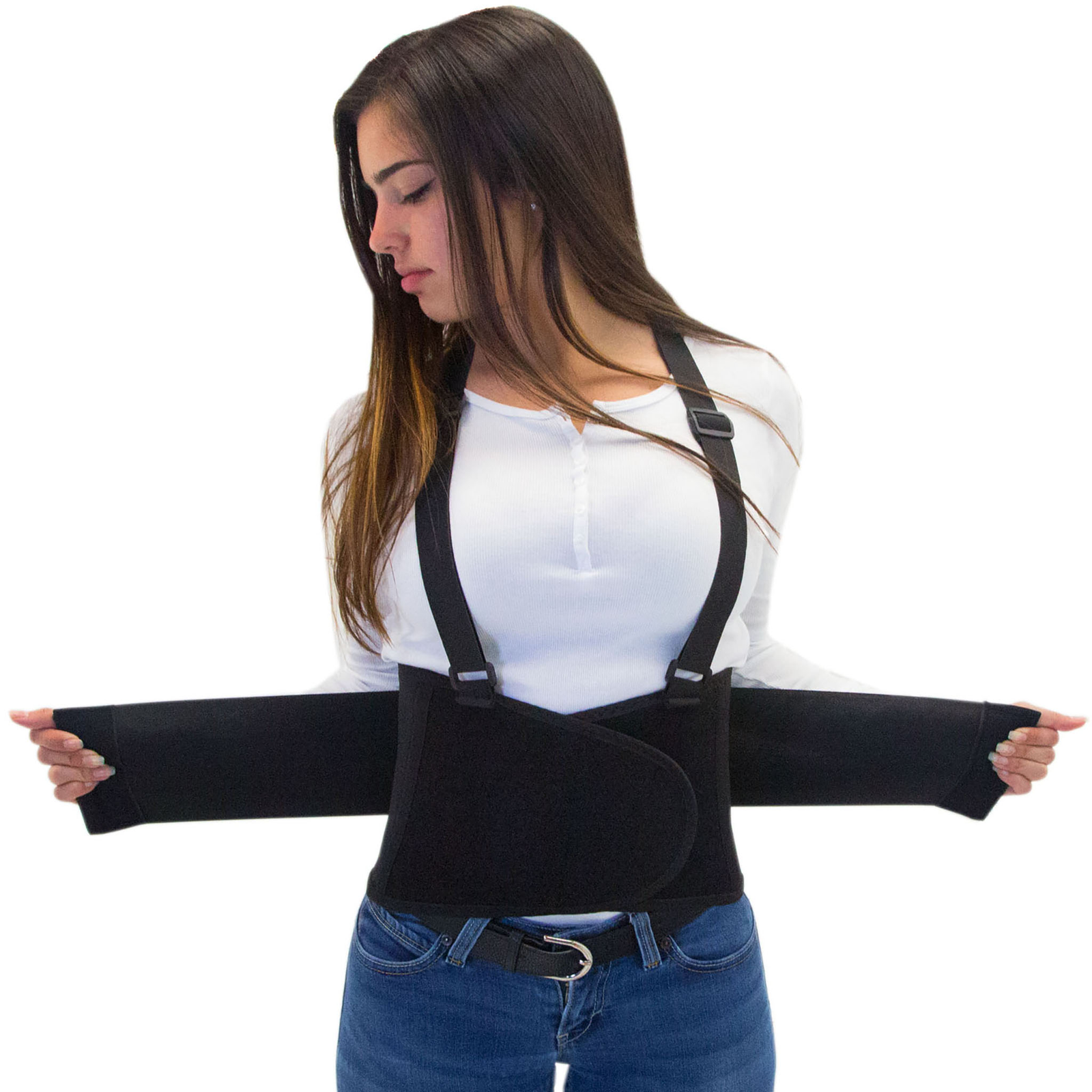 Front view of a lady pulling the elastic straps while donning the back support belt
