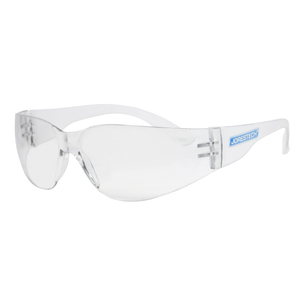 Diagonal view of one anti fog clear JORESTECH high impact glasses model LS-786-CL over white background