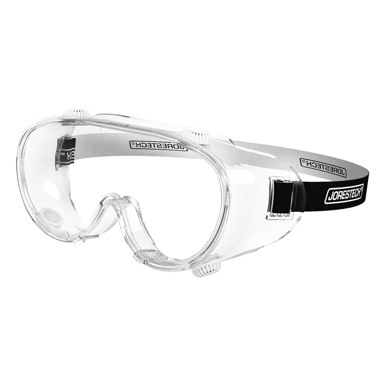 Diagonal view of the anti fog ventilated safety goggles for high impact eye protection with elactic head band