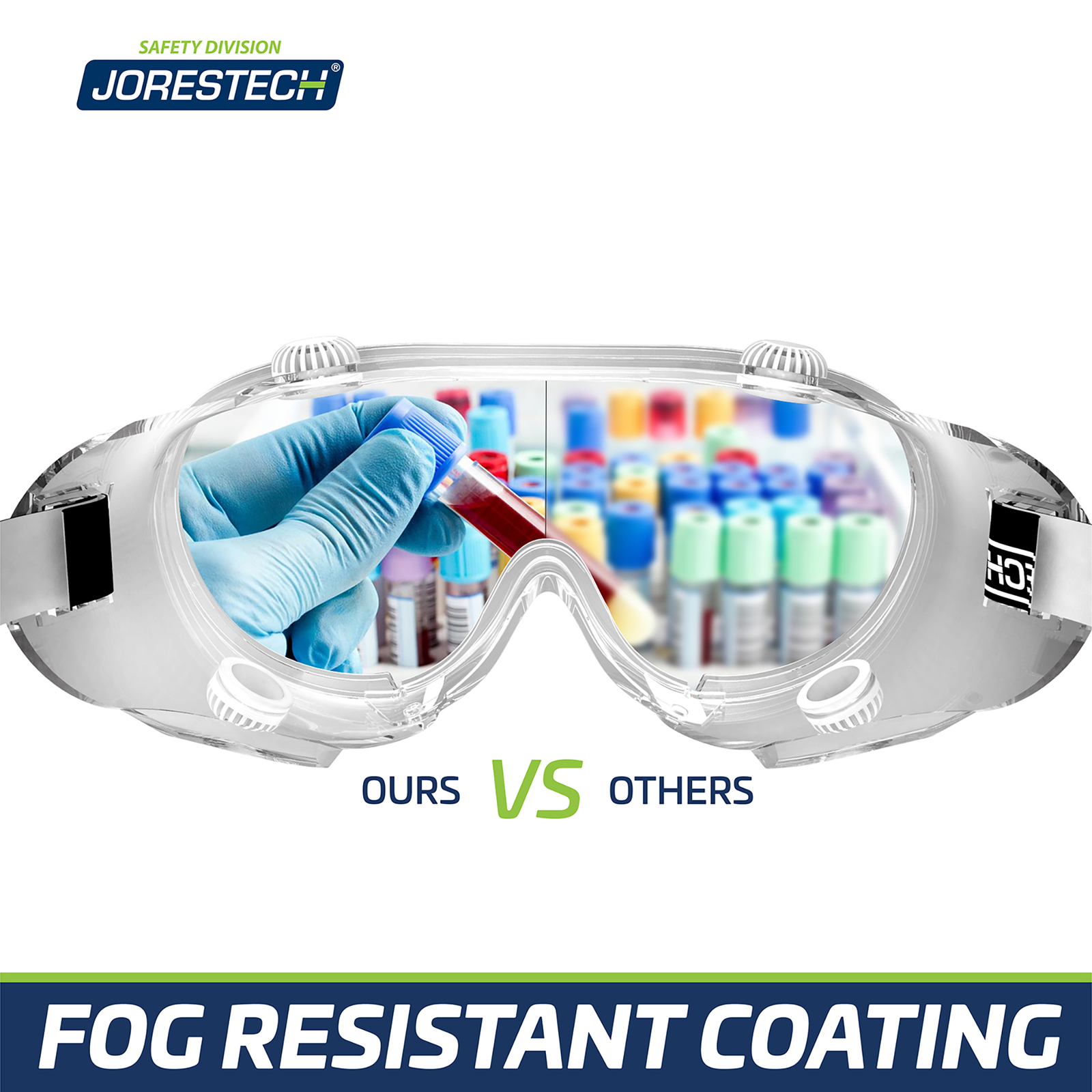 Features 2 sides of the goggles to make a comparison of the anti fog JORESTECH goggles versus others with no anti fog coating. The 