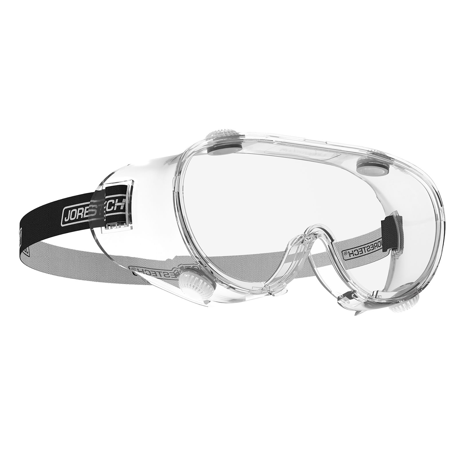 Diagonal view of a JORESTECH anti-fog ventilated safety goggle for high impact protection over white background