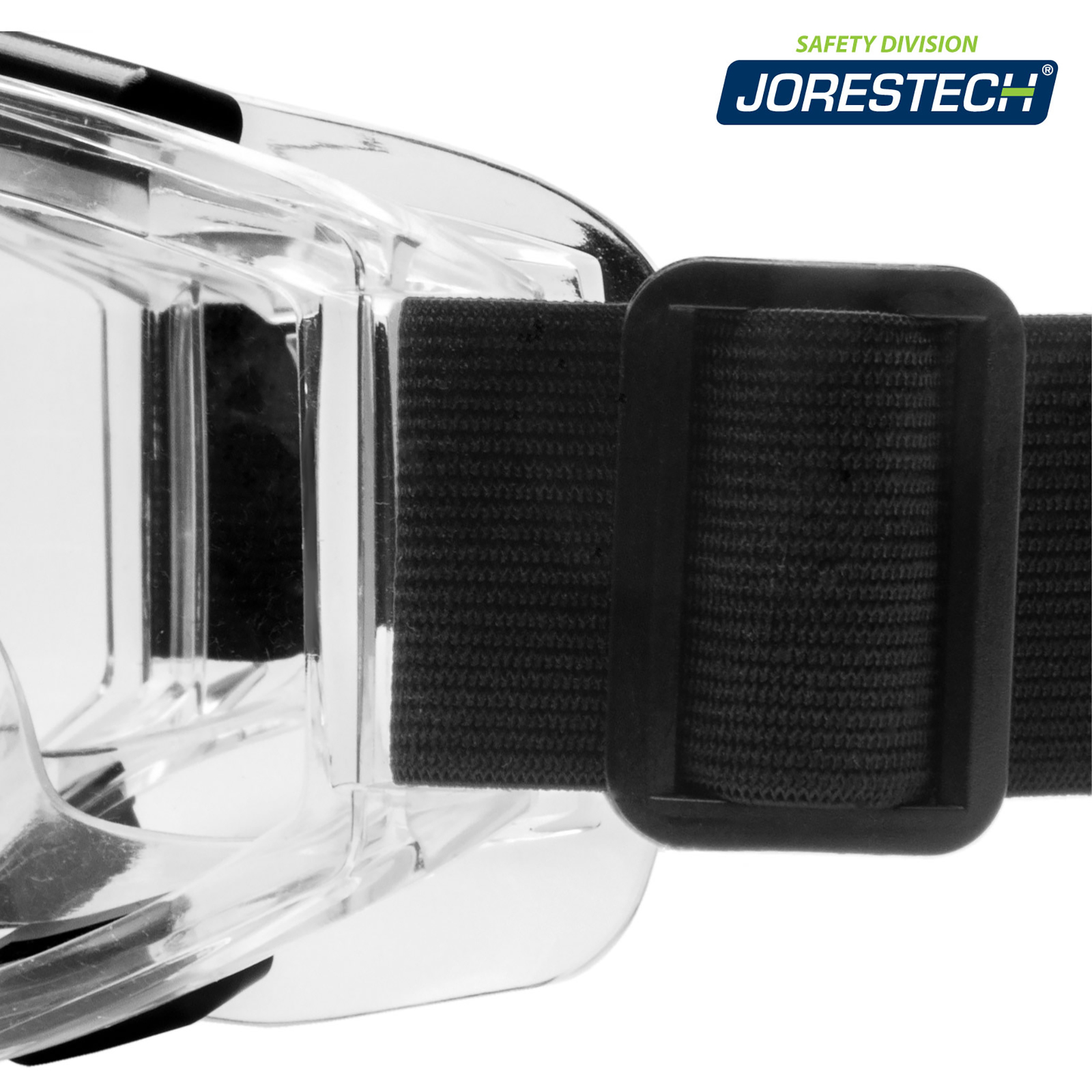Close up of the attachment of the size adjustable elastic head band to the goggle. 