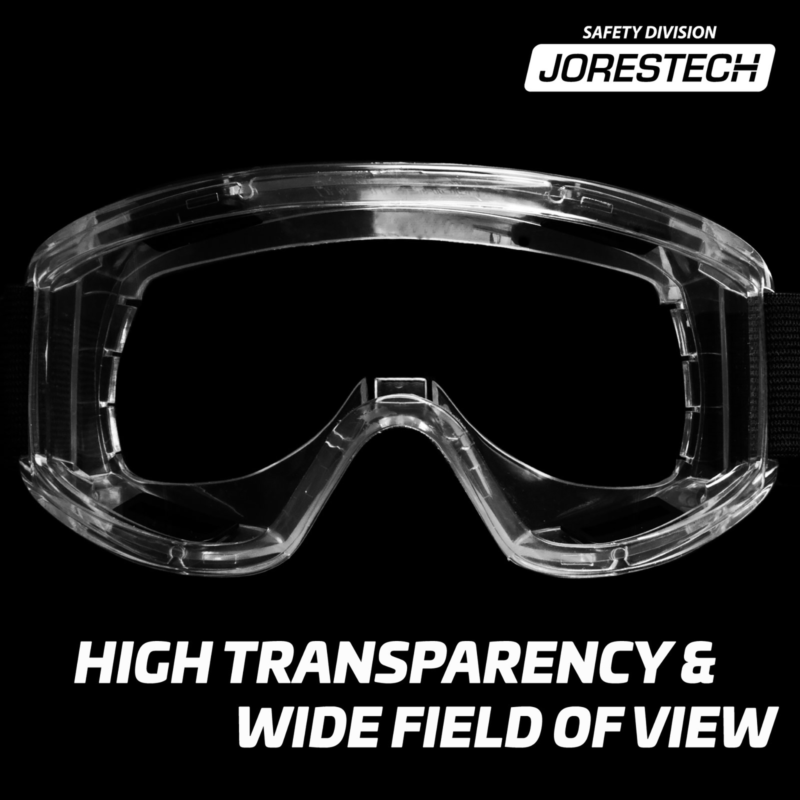 Front view of a JORESTECH anti-fog ventilated safety goggle for high impact protection over black background. Text with white letters reads: high transparency and wide field of view