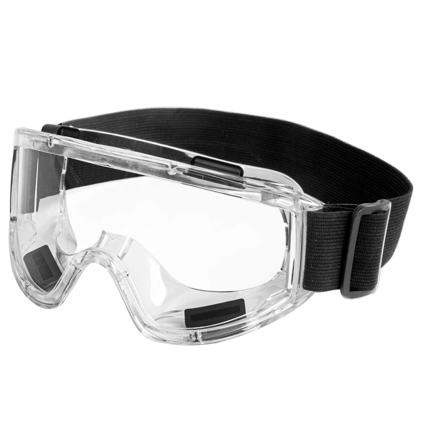 Diagonal view of a JORESTECH anti-fog ventilated safety goggle for high impact protection over white background