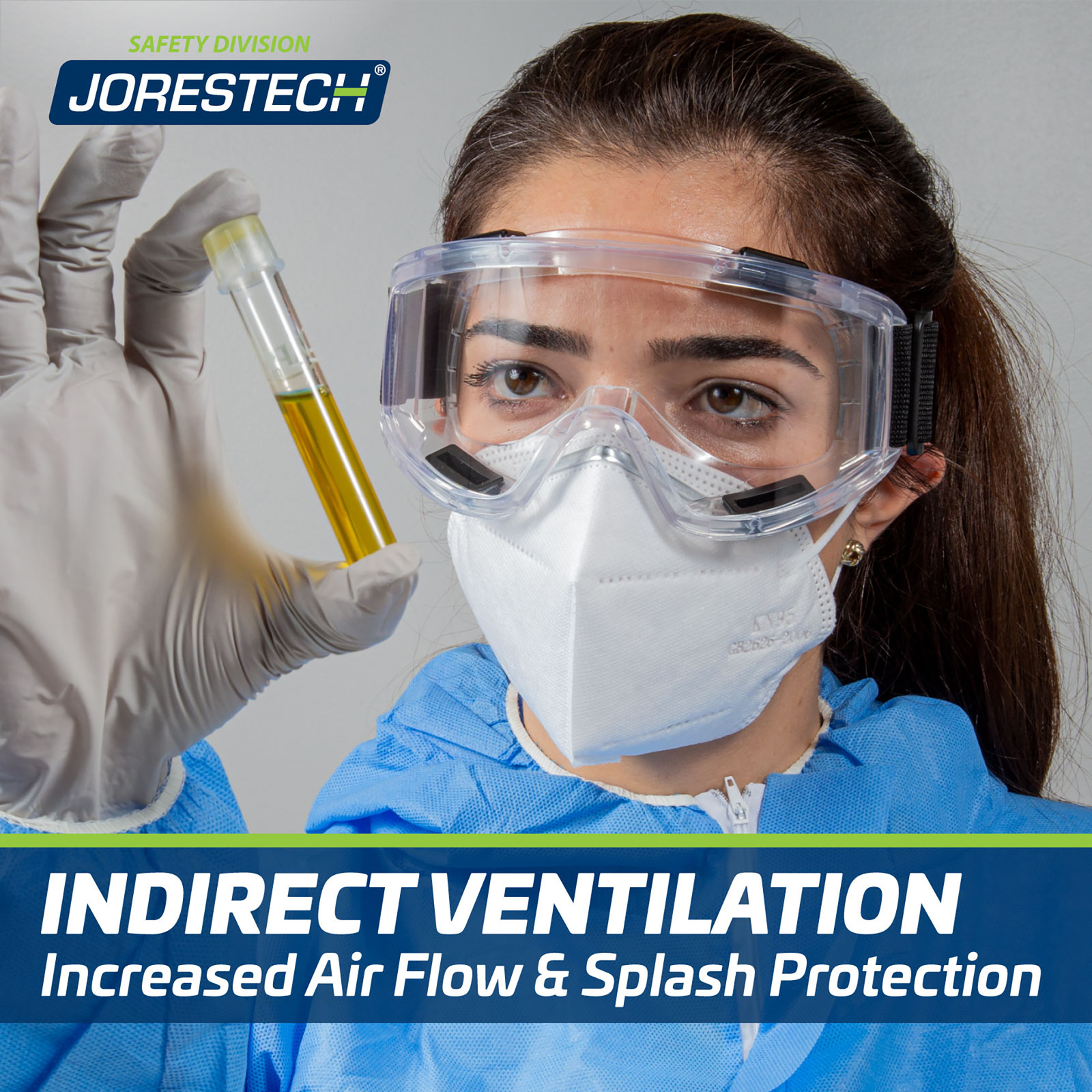 Woman wearing the Anti fog ventilated ANSI compliant Z87+ safety goggles in a setting of a laboratory. Banner text reads indirect ventilation increased air flow & splash protection