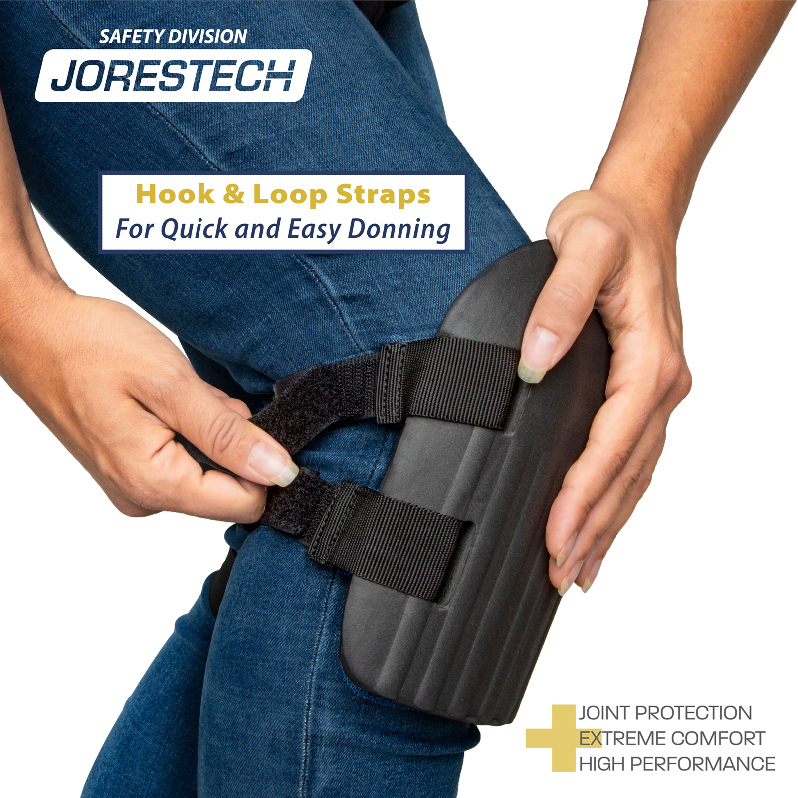 Close up of  a woman adjusting the straps of the foam knee pad. Text reads: hook and loop straps for quick and easy donning. Joint protection, extreme comfort and high performance.