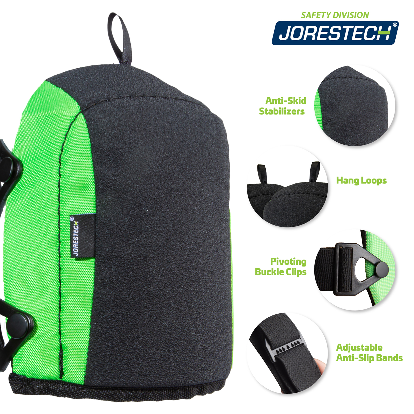 Infographic showing one JORESTECH knee pad and several call outs that read: anti-skid stabilizers, hang loops, pivoting buckle clips, adjustable anti-slip bands. Image of the anti skid foam knee pads with adjustable straps and features