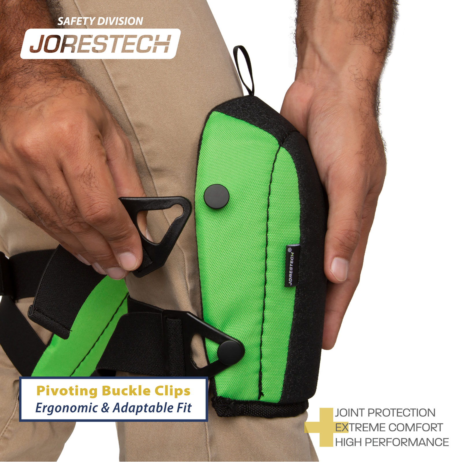 A person putting on the JORESTECH knee pad. banner reds in black and cream letters: pivoting buckle clips ergonomically & adaptable fit. Joint protection, extreme comfort, high performance.