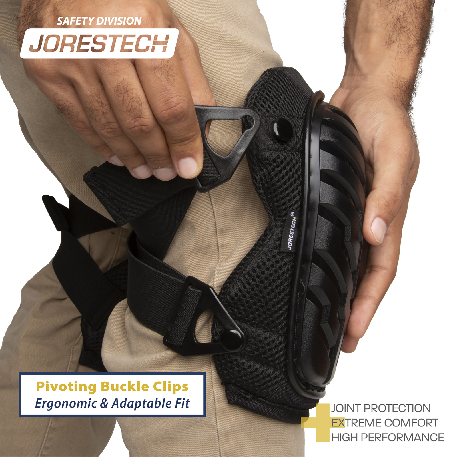 A person putting on the JORESTECH knee pad. banner reds in black and cream letters: pivoting buckle clips ergonomically & adaptable fit. Joint protection, extreme comfort, high performance. 