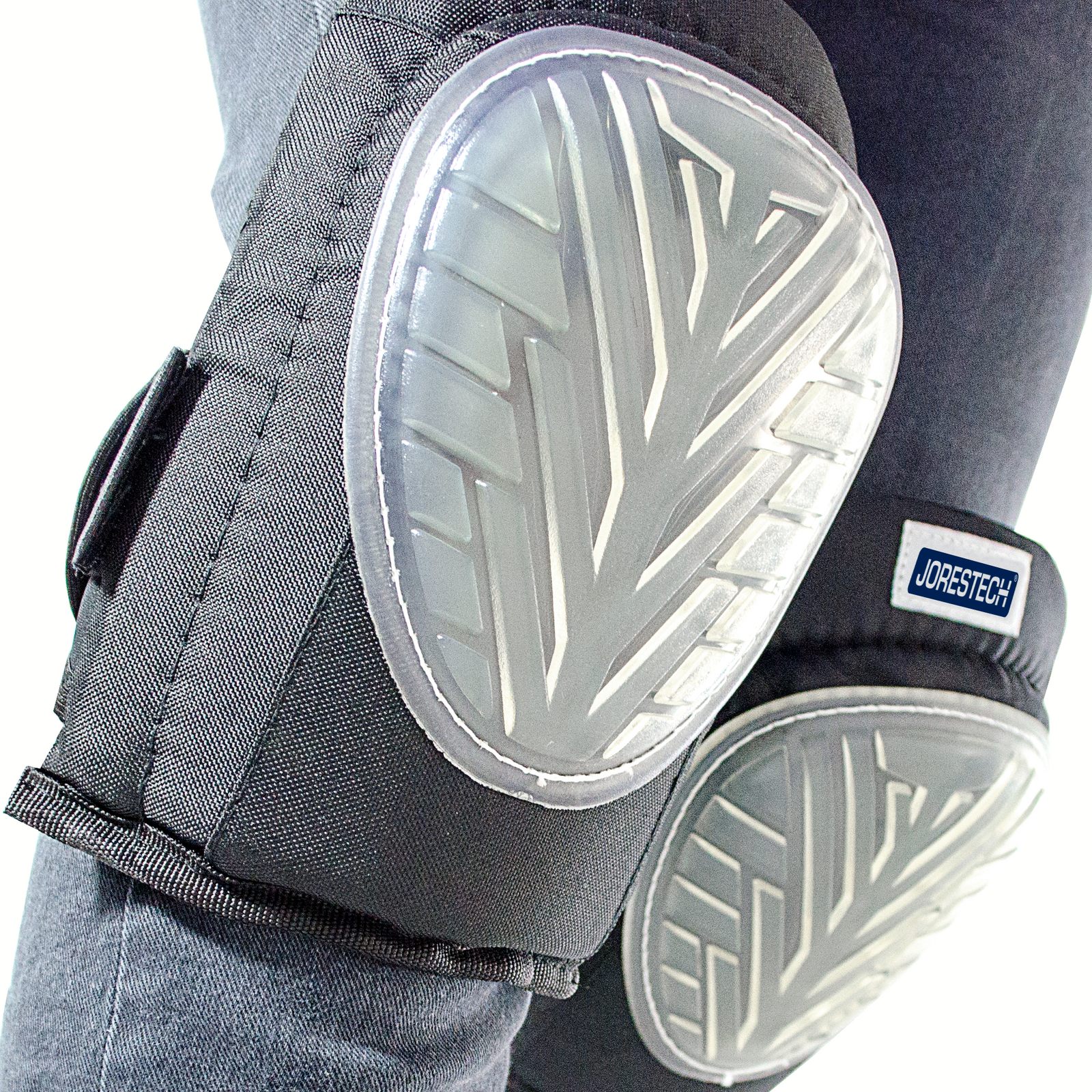 Close up of the knees of a person wearing the Jorestech anti-skid knee pads with gel filled caps and size adjustable straps