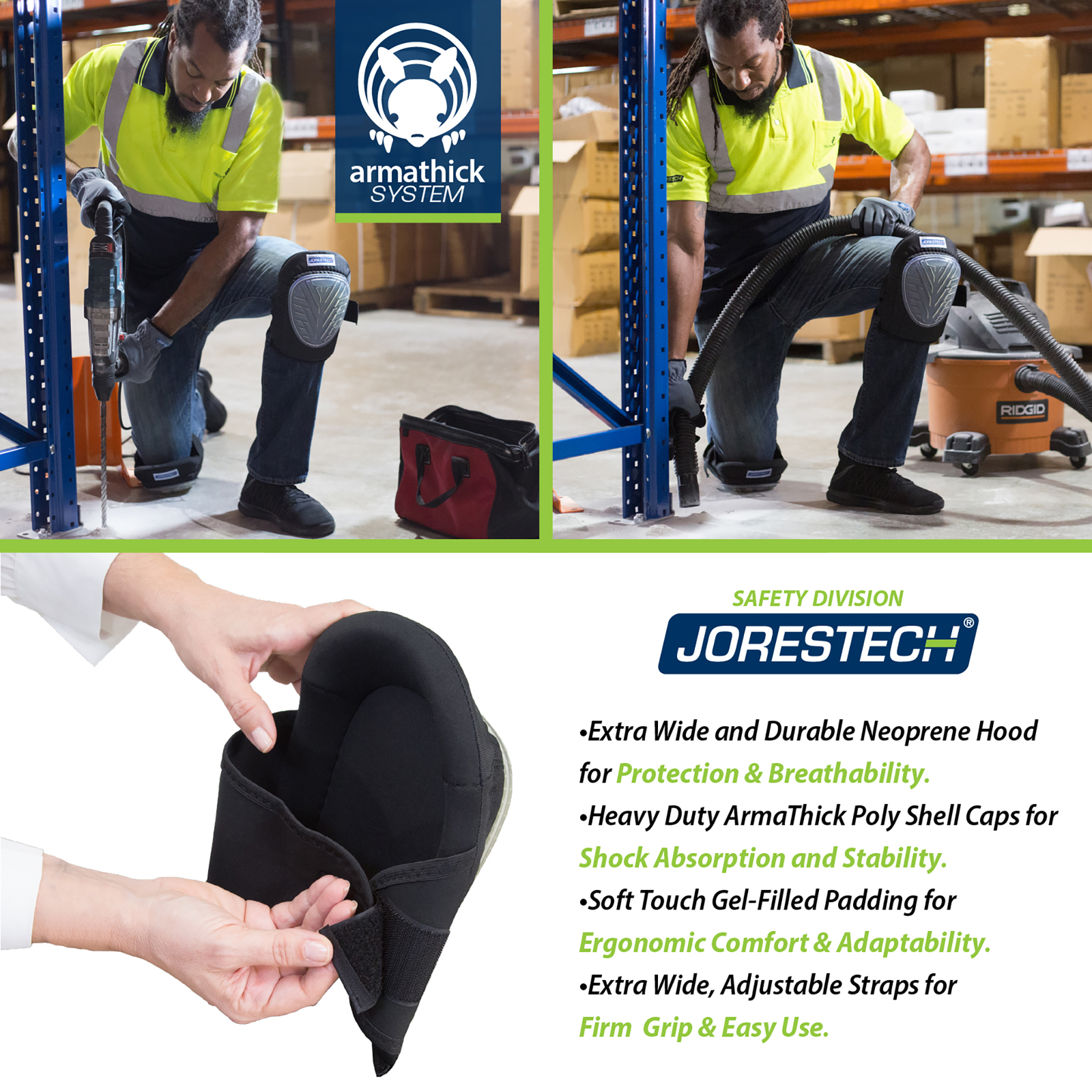 Banner divided in 3. Top 2 parts show workers kneeling on the floor with the protective knee pads. Bottom portion shows the knee pad and text that reads:  Extra wide and durable Neoprene Hood for protection & breathability. Heavy duty arma-thick poly shell caps for shock absorption and stability. Soft touch gel filled padding for ergonomic comfort. Extra Wide, adjustable straps