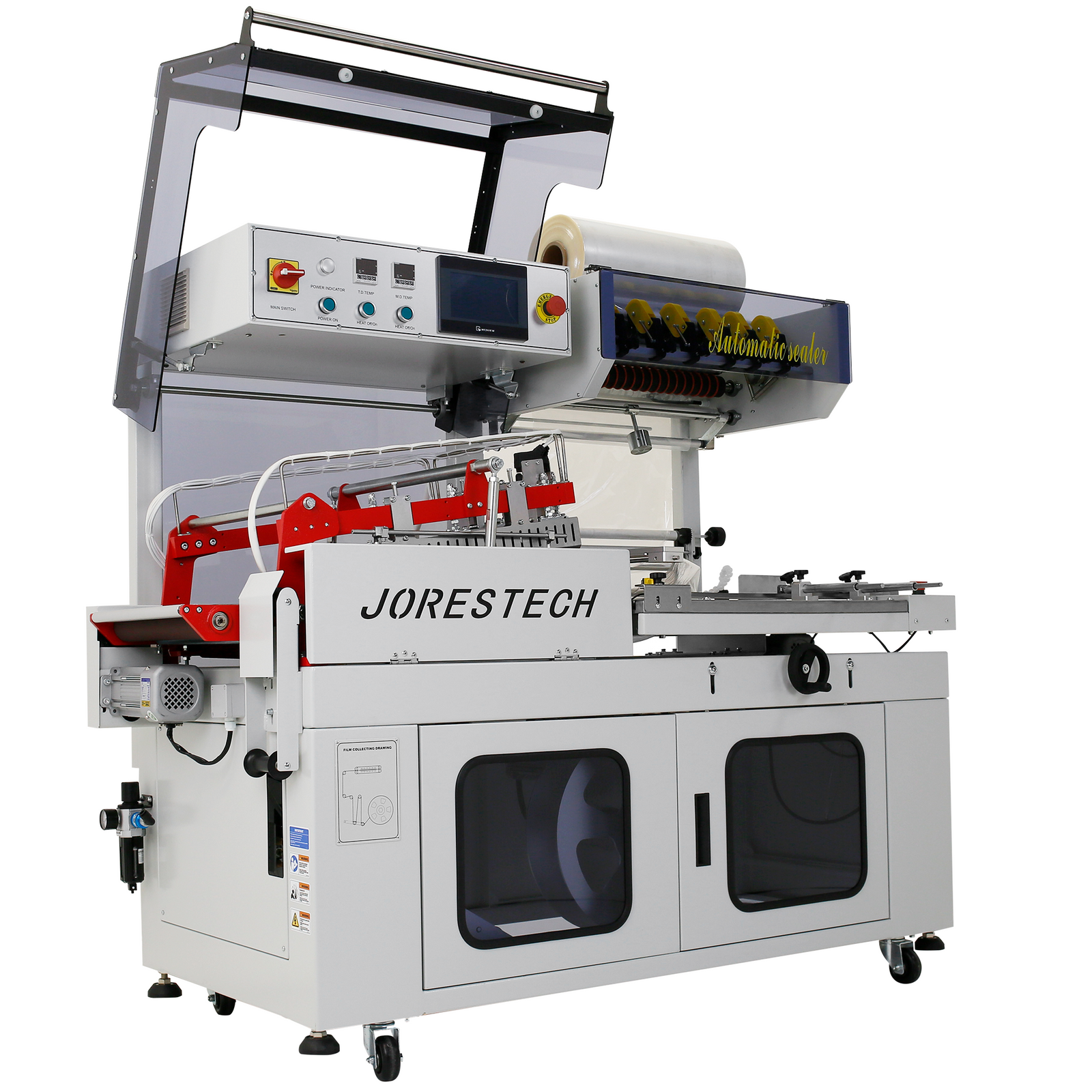 Diagonal view of a light gray JORESTECH automatic L Bar Film Sealer over white background.  Shrink film Sealer had the lid of the sealing chamber open to show the red L bar mechanism. Machine has a roll of clear shrink film positioned on the dispenser.