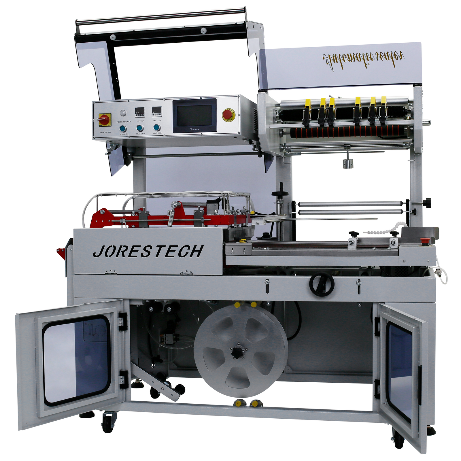 Front view of a light gray JORESTECH automatic L Bar Film Sealer with the doors compartment open showing internal mechanisms to thread the shrink film.