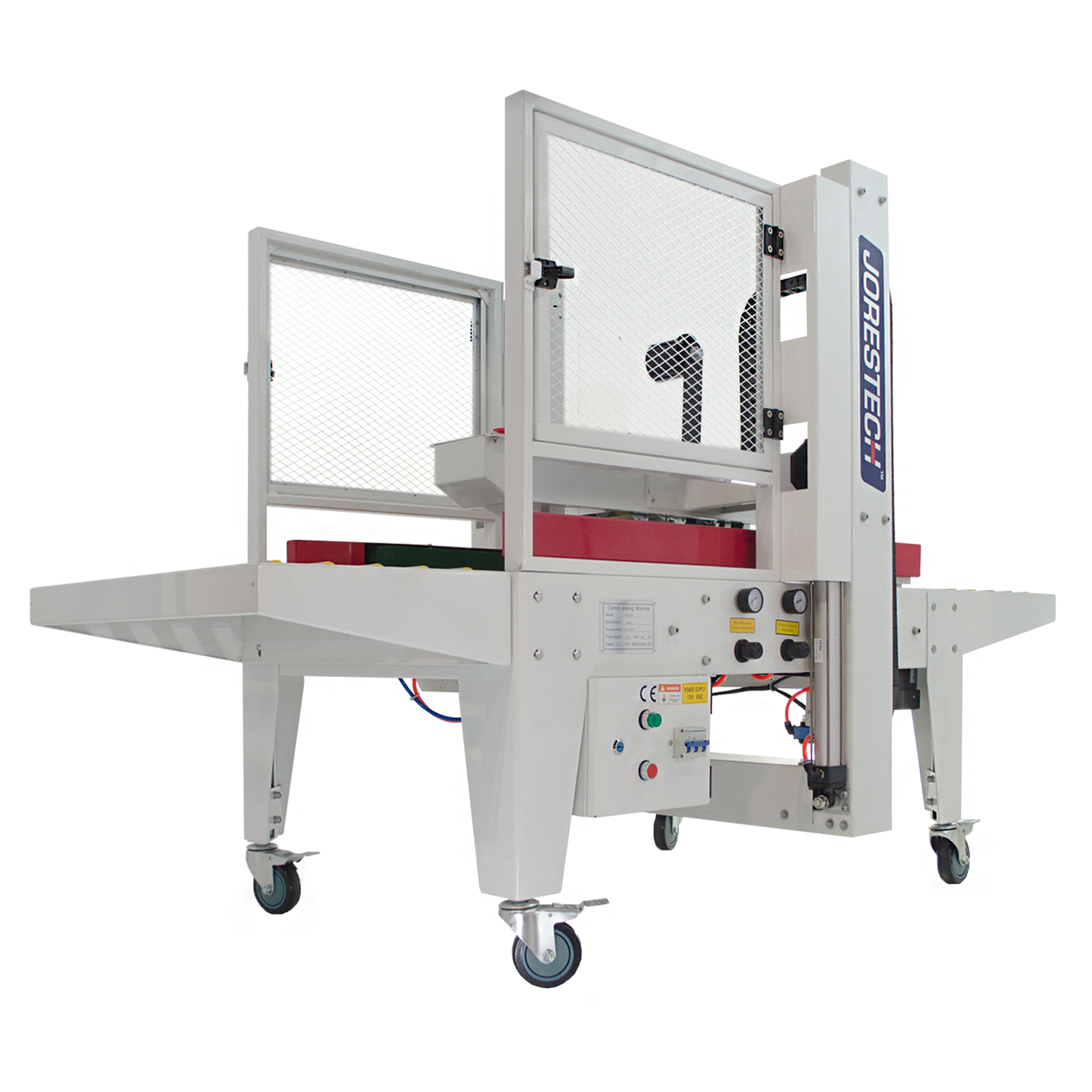 White case sealer machine with red side traction bars and JORES TECHNOLOGIES® logo on the side