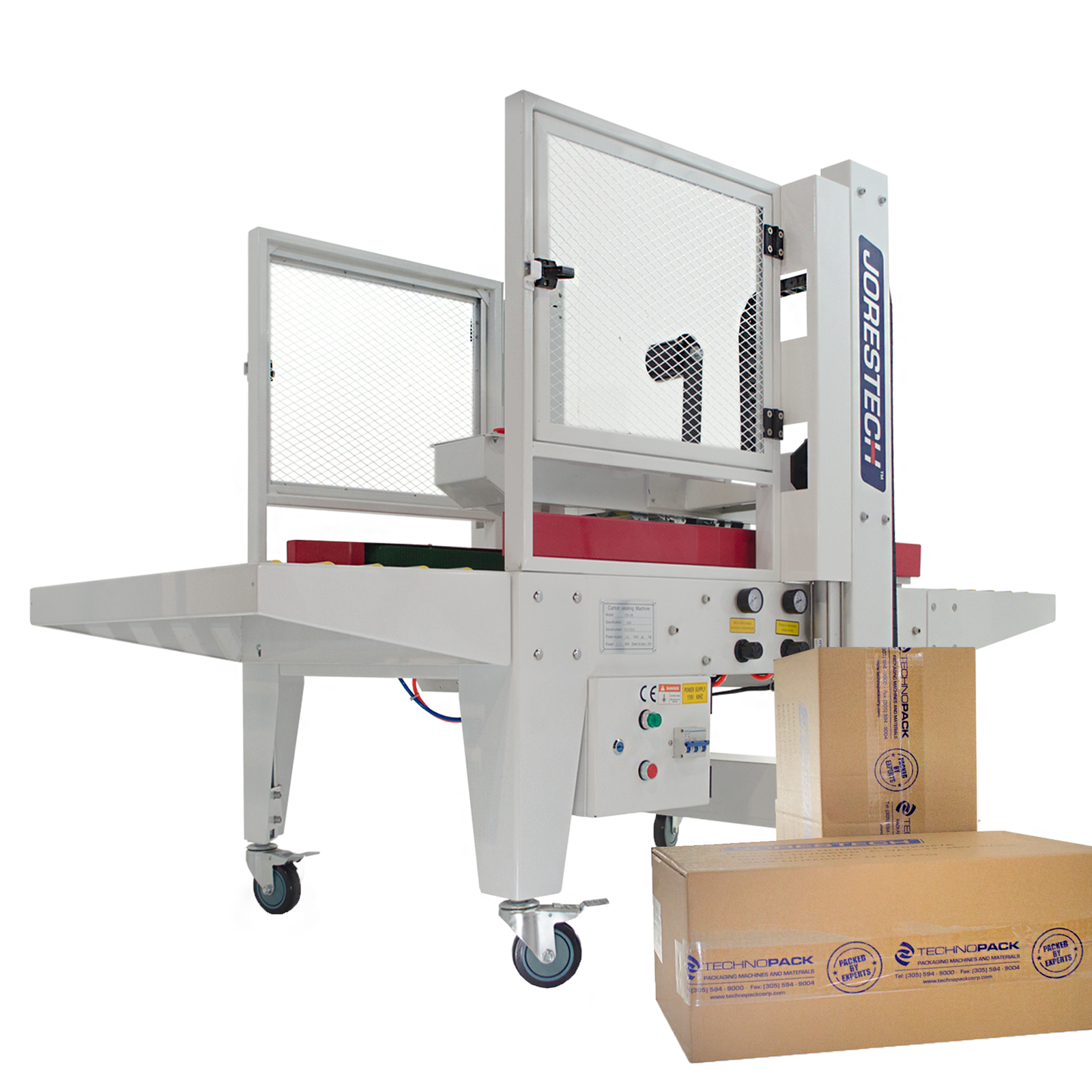 White automatic case sealer machine with wide side traction red bars next to carton boxes in front of machine
