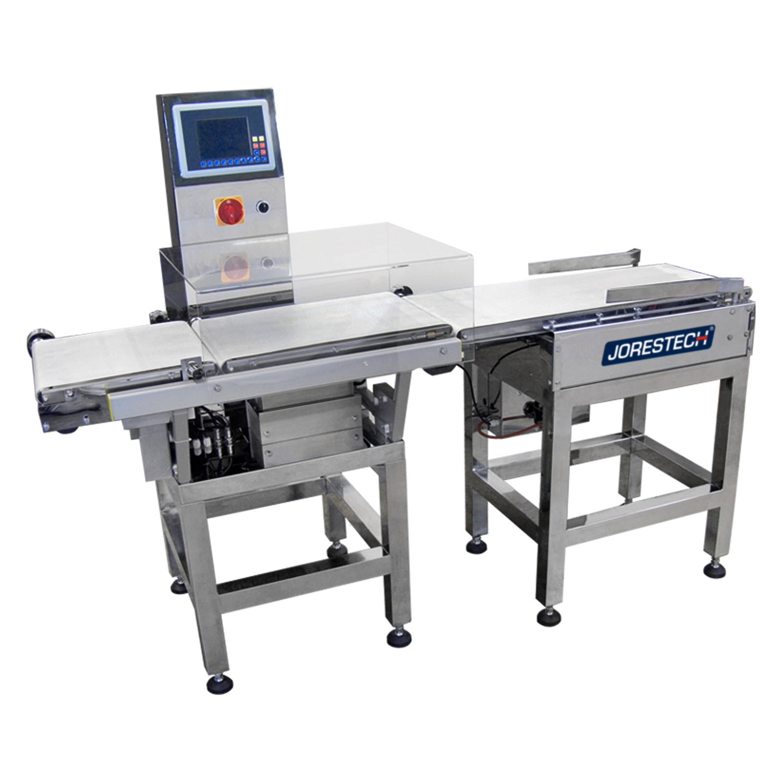 The stainless steel digital check weigher with white conveyor and blue Jorestech logo