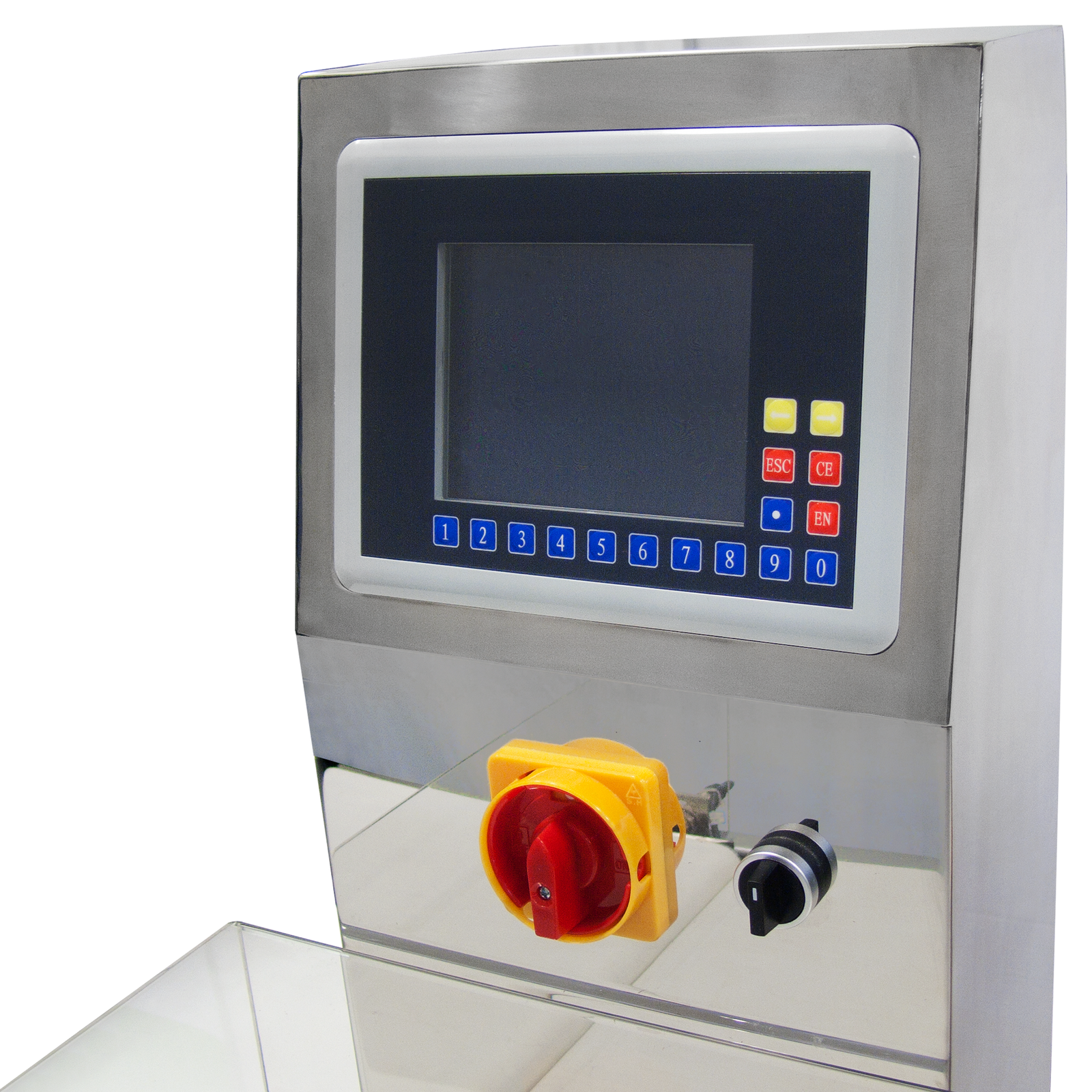 Digital control panel on stainless steel check weigher with motorized conveyor