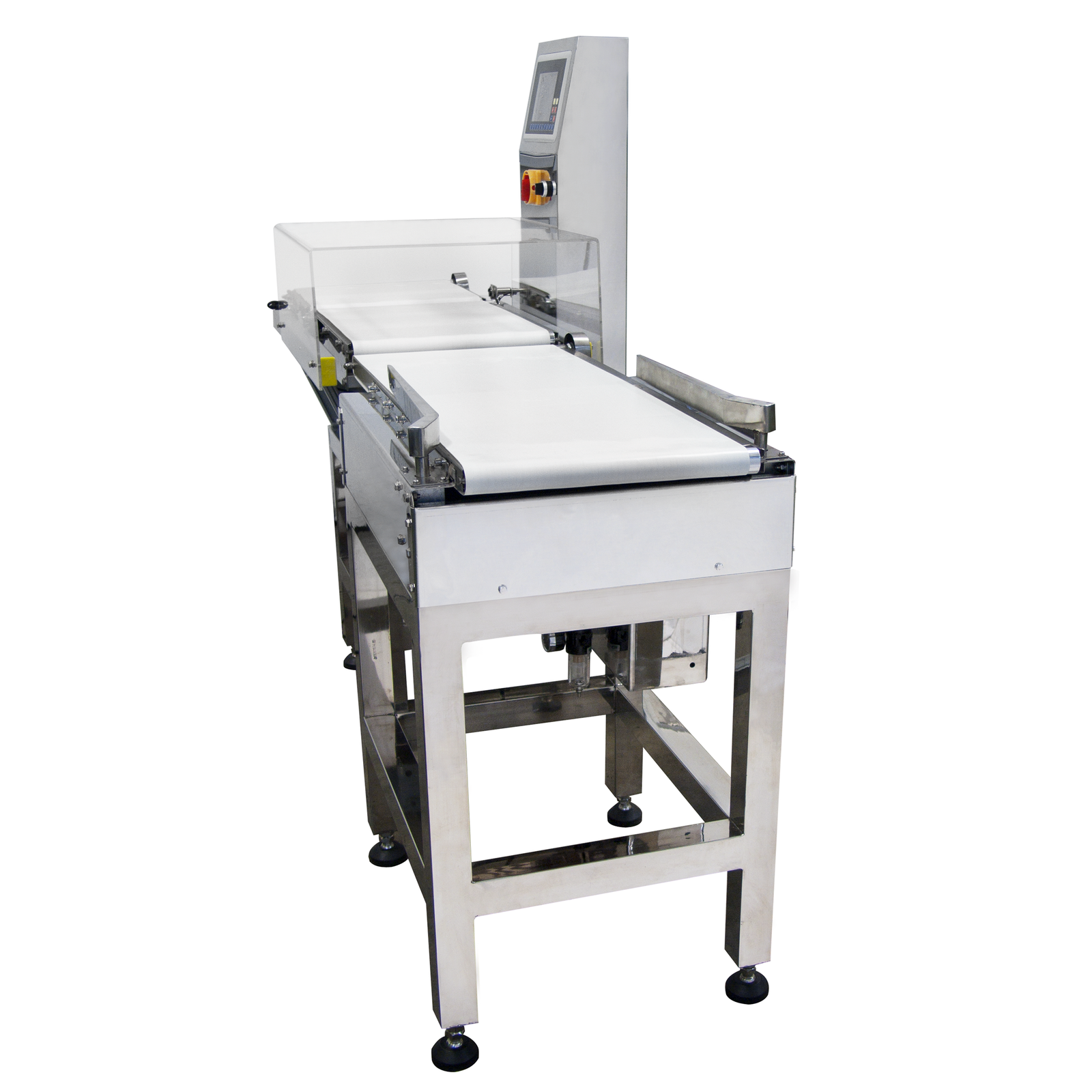 Side view of the stainless steel automatic digital JORESTECH checkweigher with white motorized conveyor belt