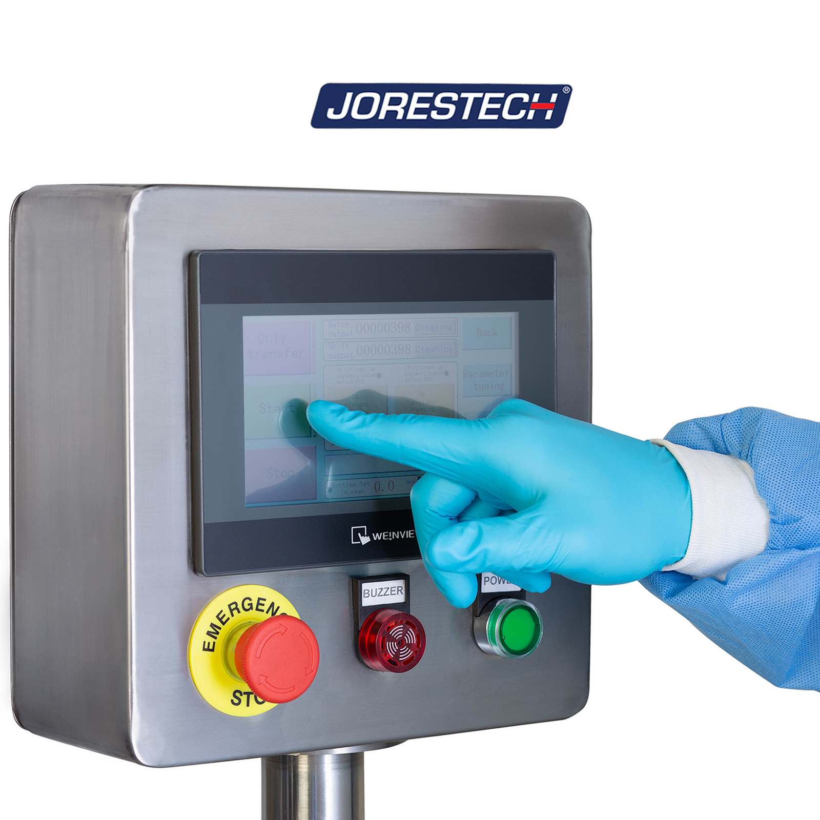 The hand of a worker with nitrile gloves setting the machine on the user friendly digital control panel  of the high viscosity piston filler