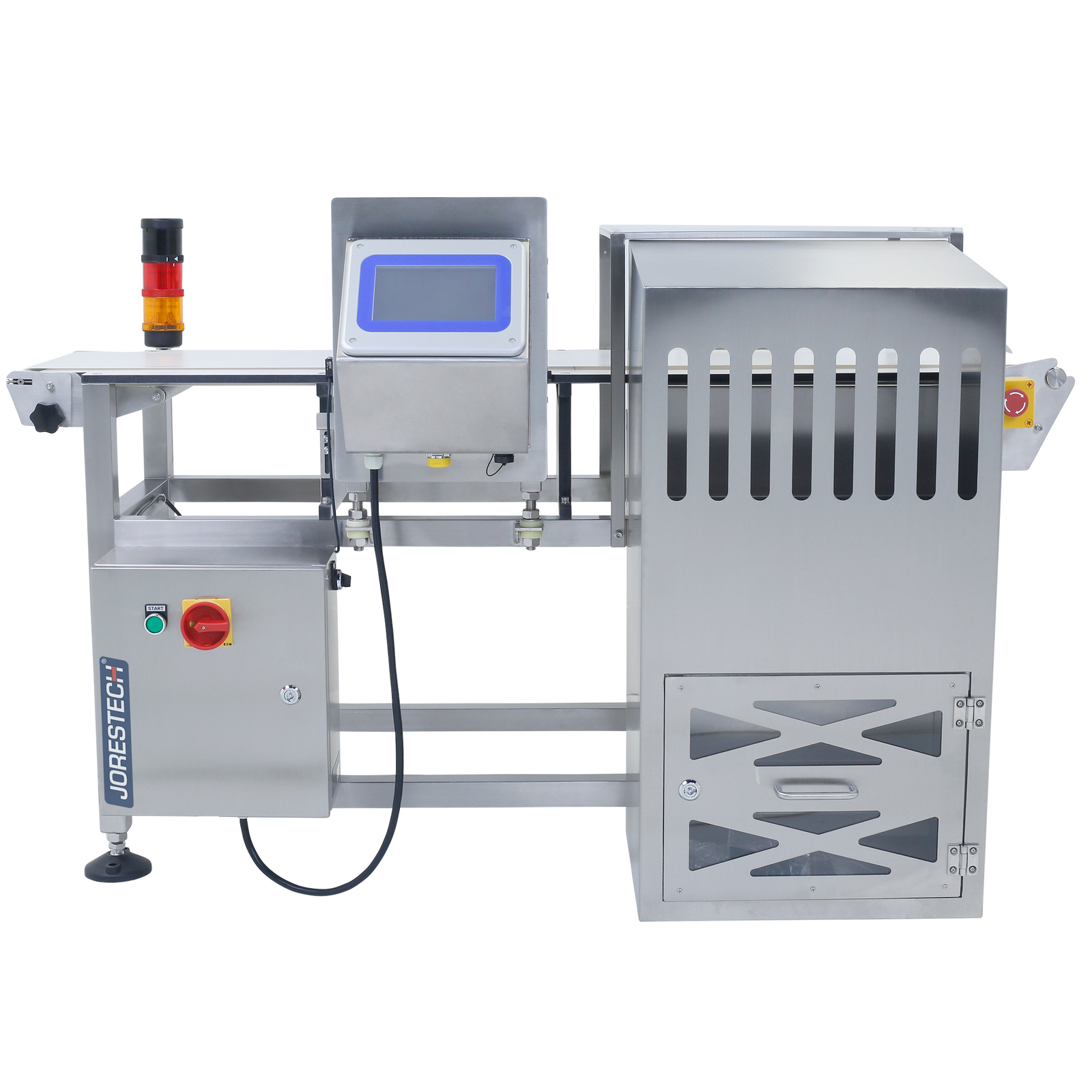 JORES TECHNOLOGIES® stainless steel metal detector with reject system, digital control panel and white motorized conveyor belt