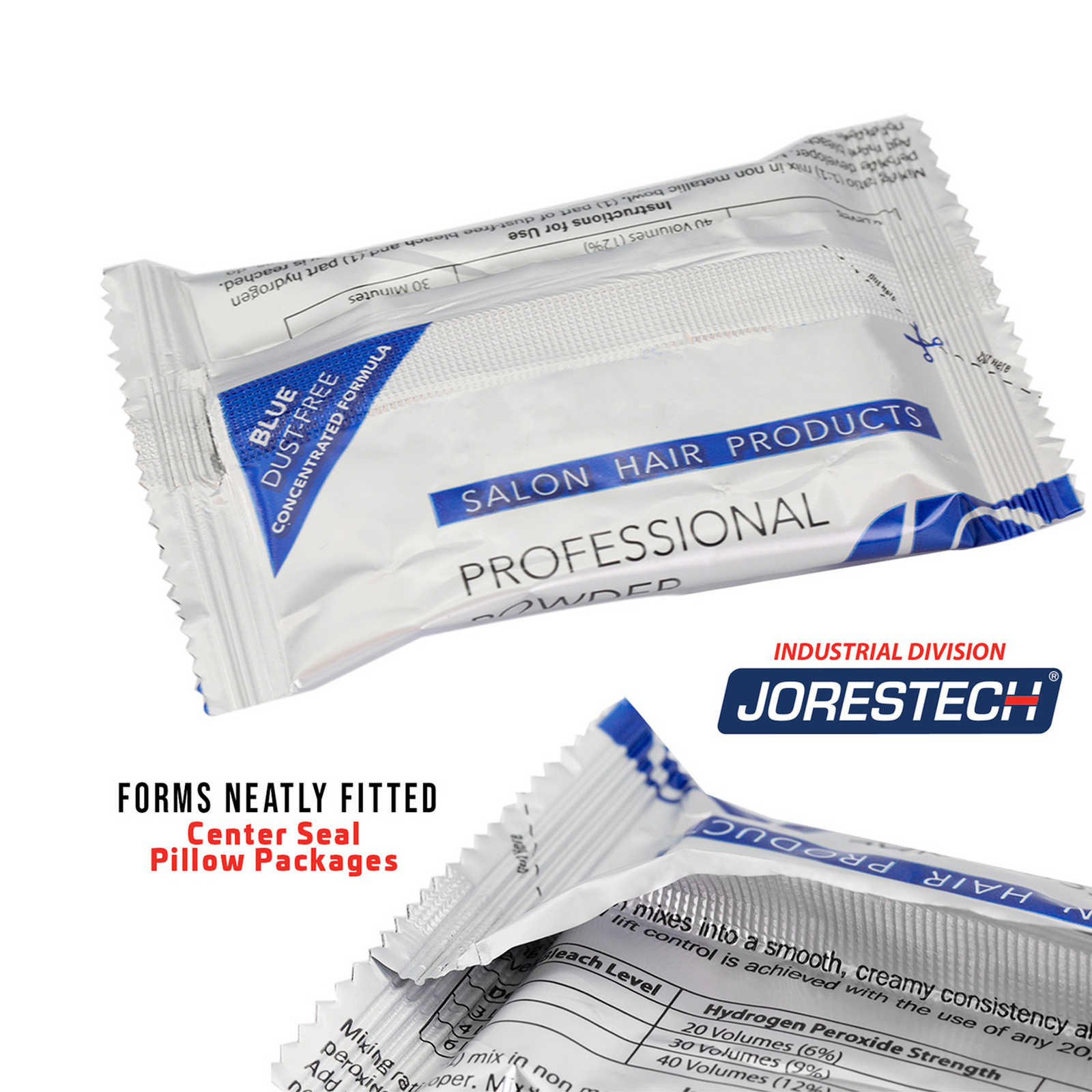 White pillow package with a blue banner. Text reads: Forms neatly fitted center seal pillow packages.