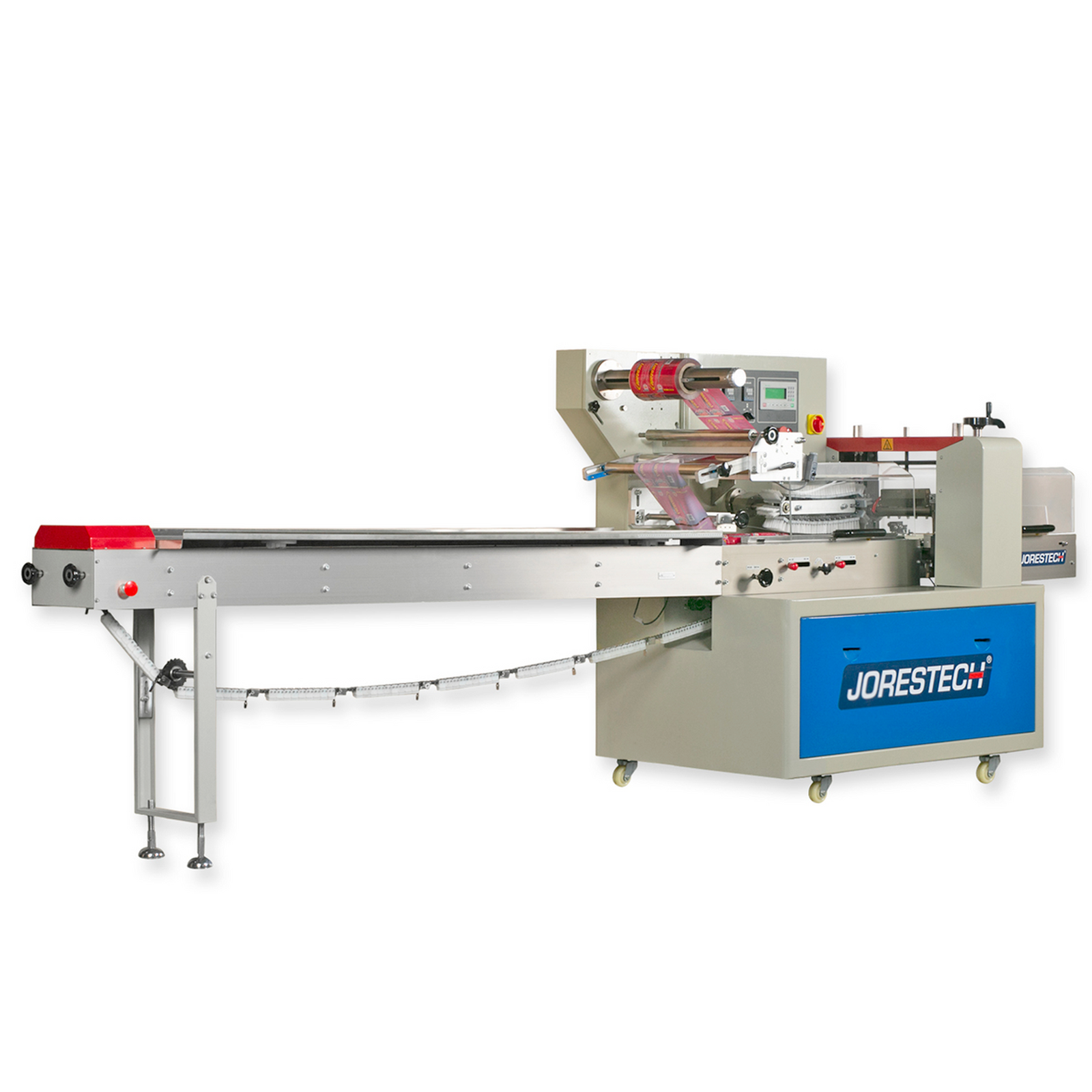 Diagonal view of a JORESTECH automatic horizontal flow wrapping machine over a white background.