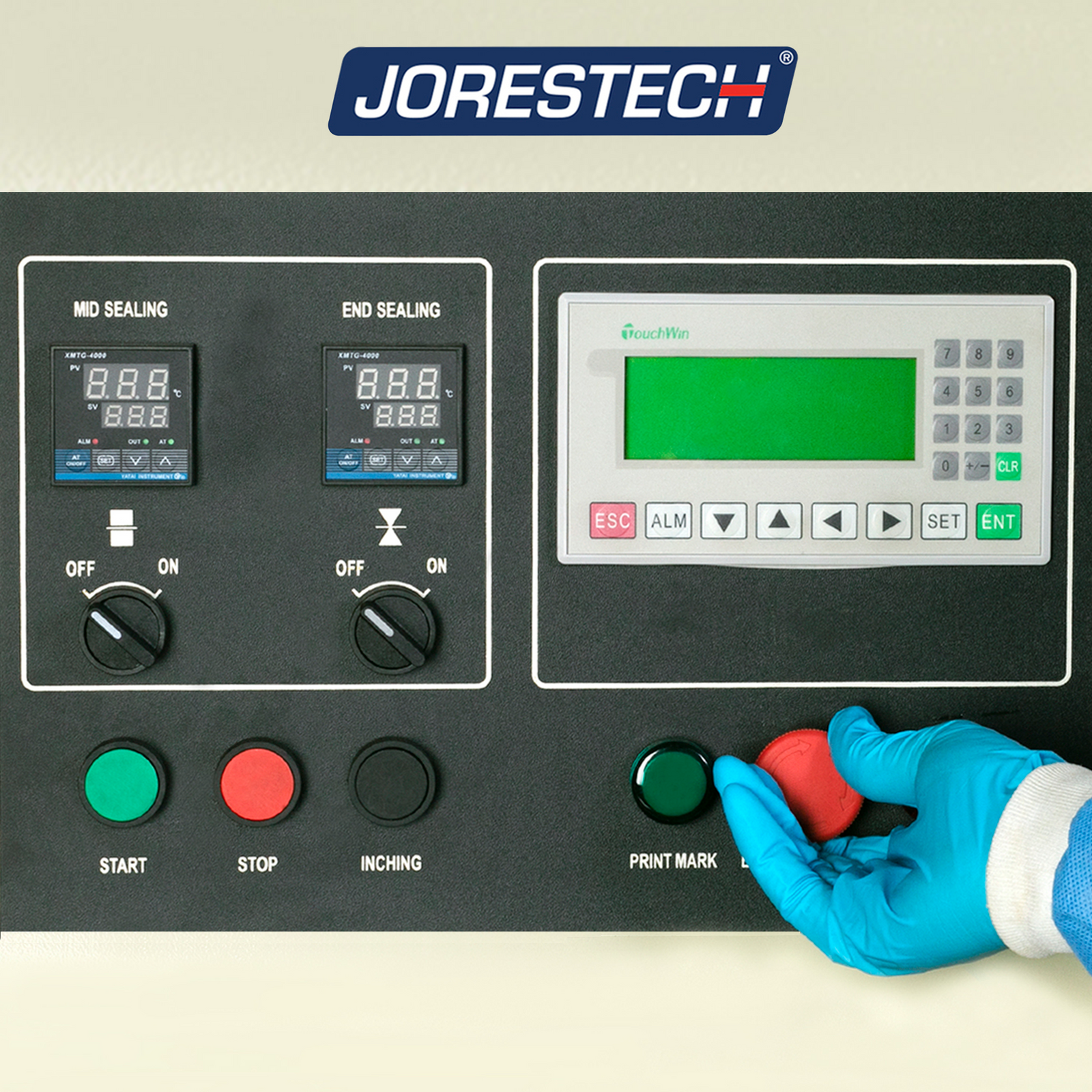 Operator wearing a blue PPE disposable glove is seen operating a Horizontal HFFS flow pack machine. The control panel is shown, and he is about to press the emergency stop button