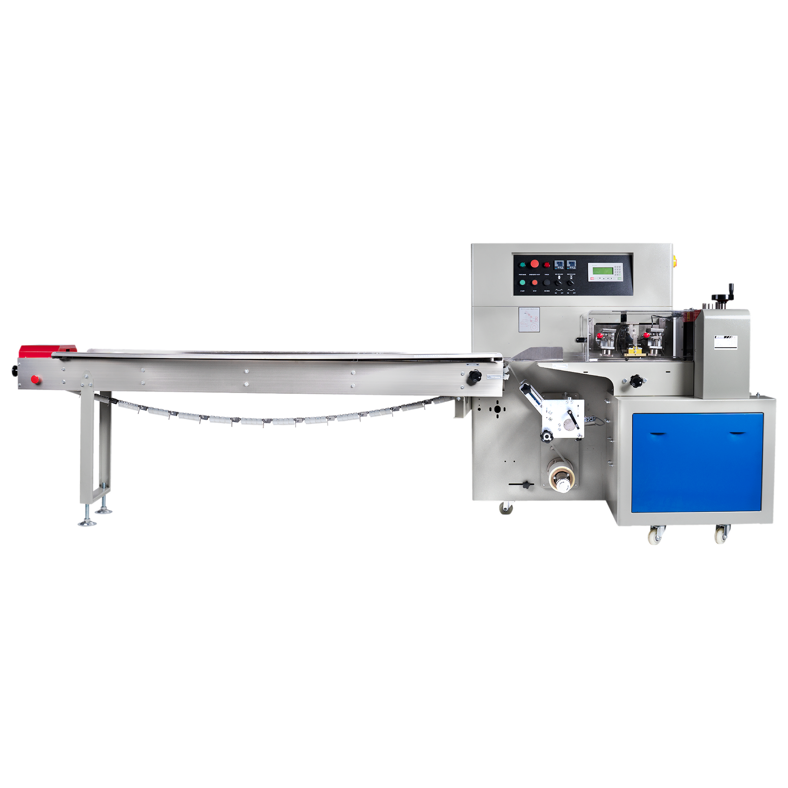 Automatic horizontal flow wrapping machine with inverted film feeder for small products