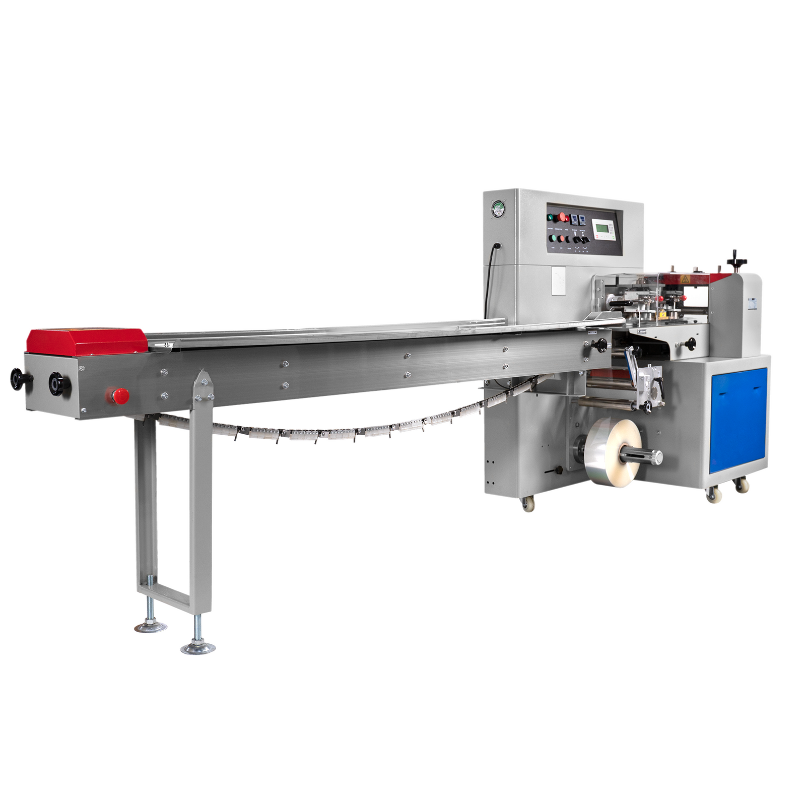 Automatic horizontal flow wrapper with inverted film feeder