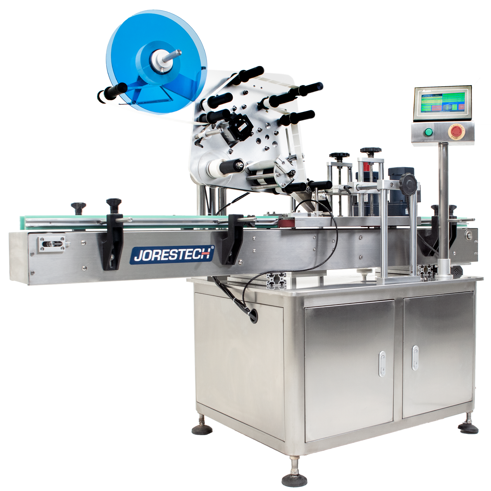Front view of the JORESTECH stainless steel automatic label applicator over white background