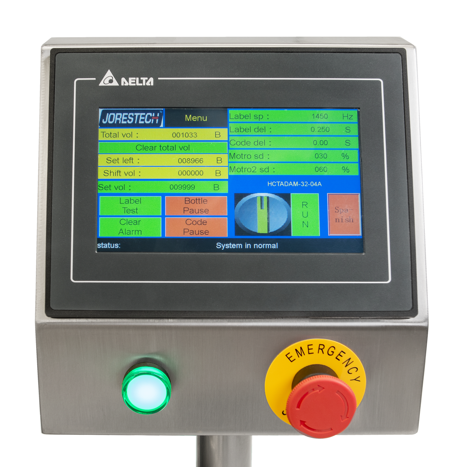 close up of digital control panel on stainless steel JORES TECHNOLOGIES®  automatic label applicator for flat containers