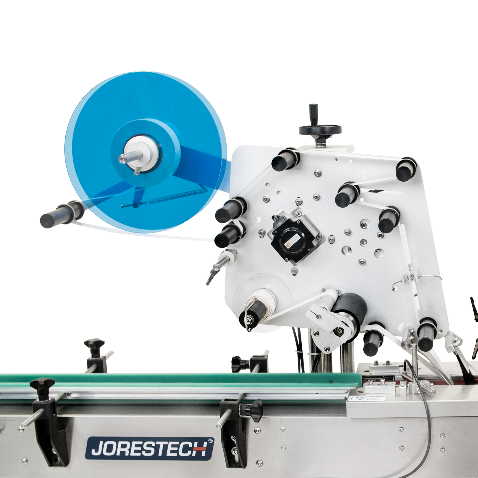 Close-up of the wing to place the roll of labels of the JORES TECHNOLOGIES® automatic label applicator for flat containers, Omicron 3