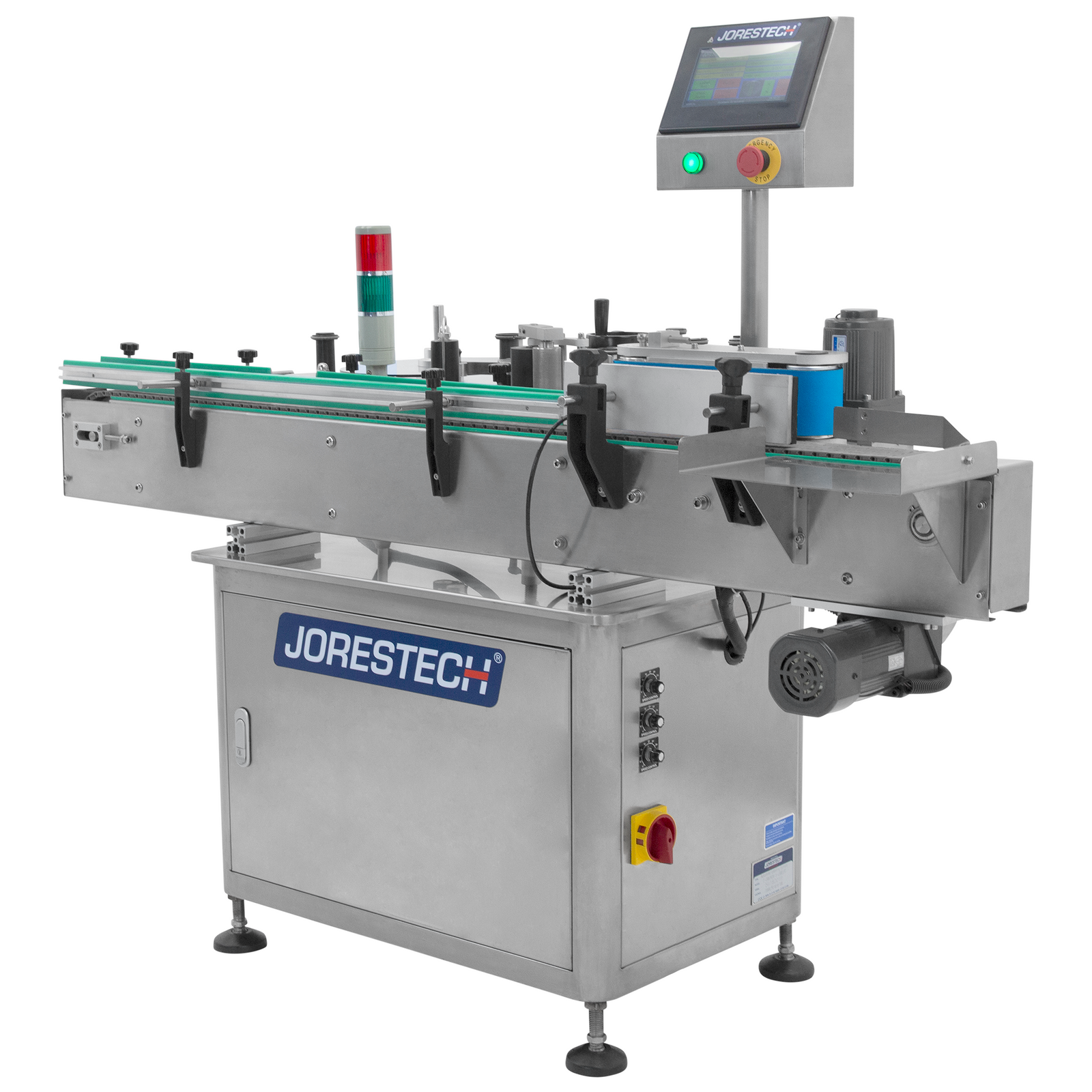 Diagonal view of the JORESTECH stainless steel automatic label applicator for round containers with blue Jorestech logo with green guard rails 