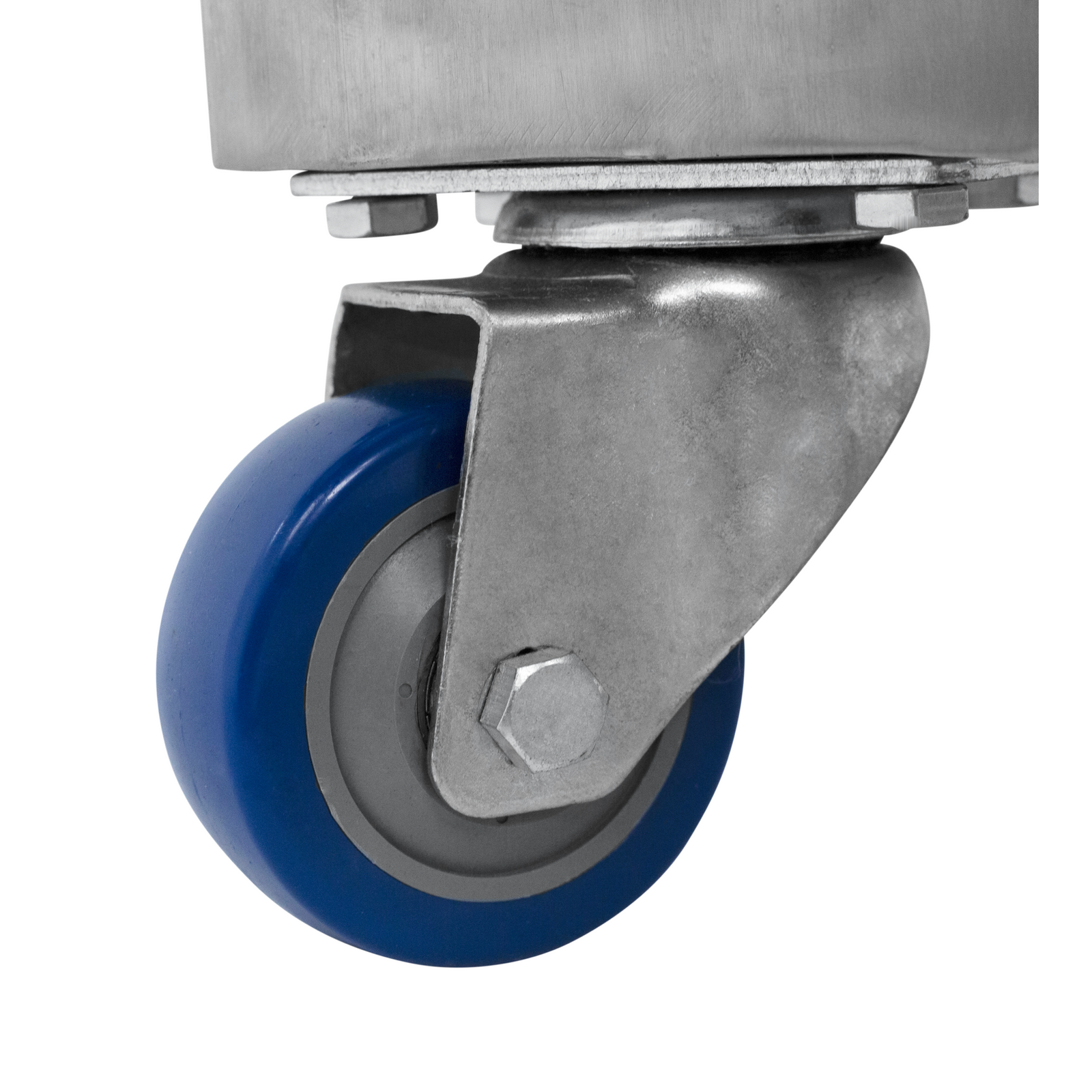 Close-up of a blue wheel belonging to the JORES TECHNOLOGIES® Versical Form Fill and Seal (VFFS) machine for packing powders.