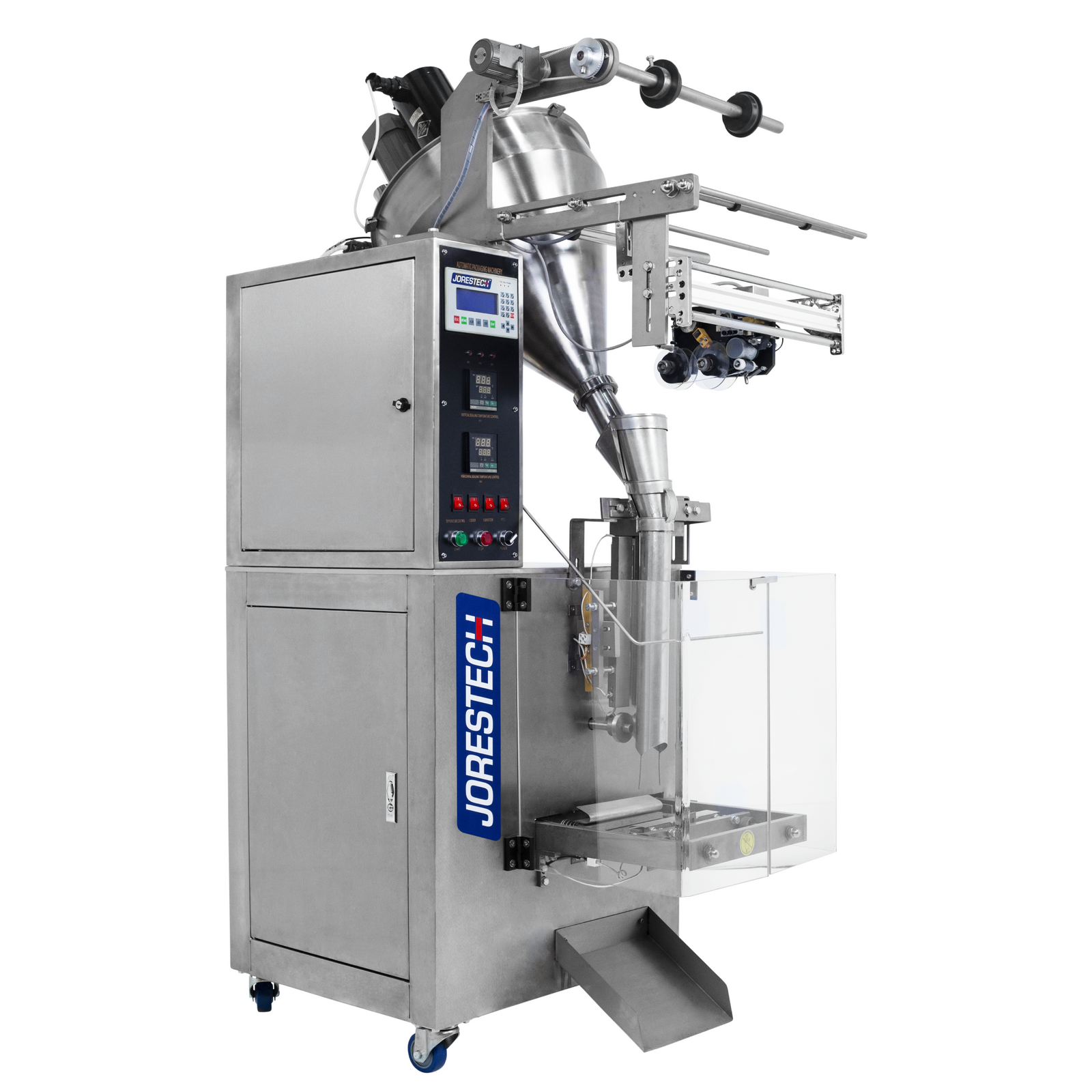 Diagonal view of a Stainless steel VFFS machine for packaging powdered products into pillow-style bags.