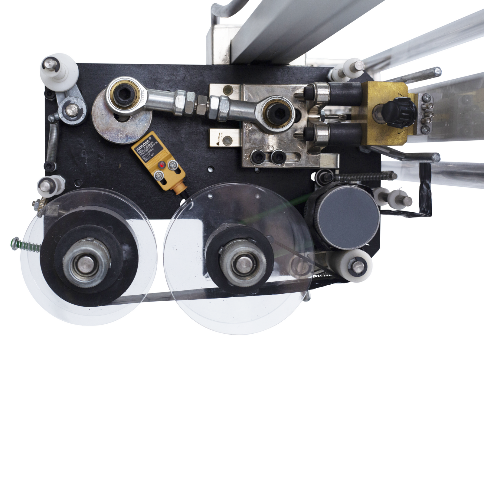 Close-up of the hot-stamp coder printer on a VFFS packaging machine for powdered and bulk products.