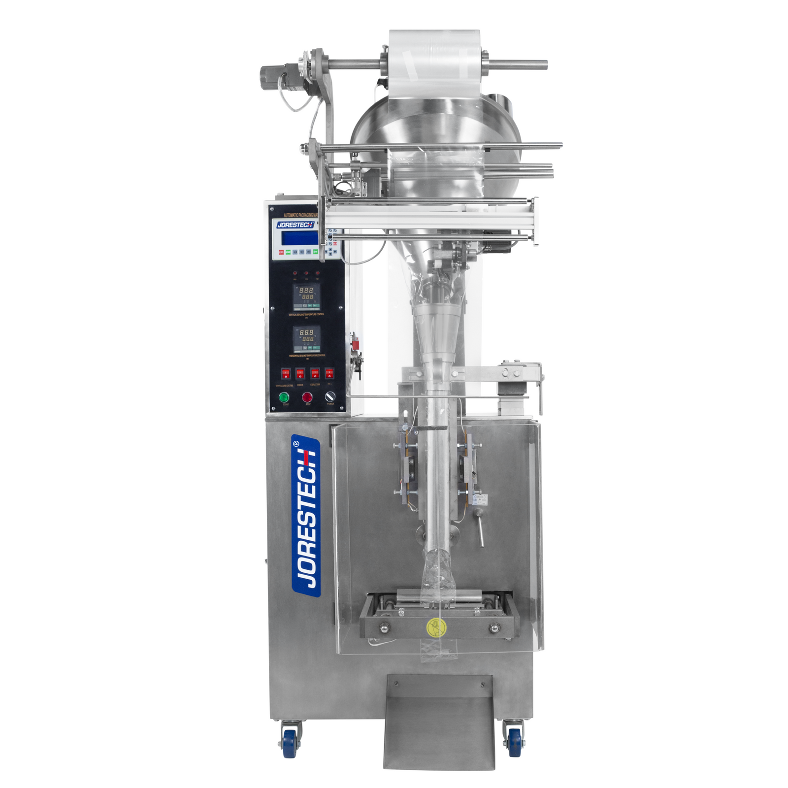 Front view of a JORESTECH VFFS Vertical form filling and sealing machine for powder packaging. 