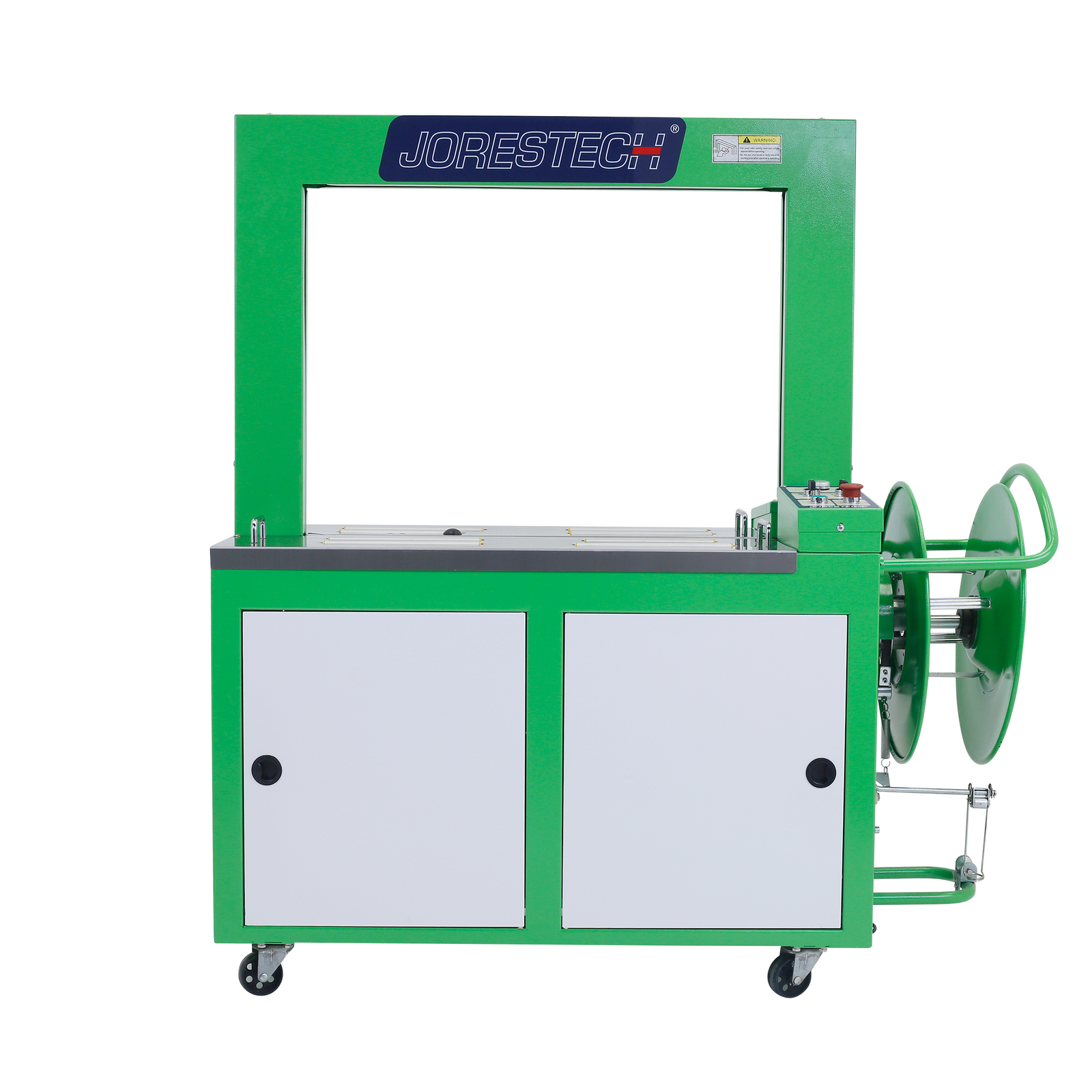 Front of a green and gray JORES TECHNOLOGIES® automatic poly strapping machine with no strap installed