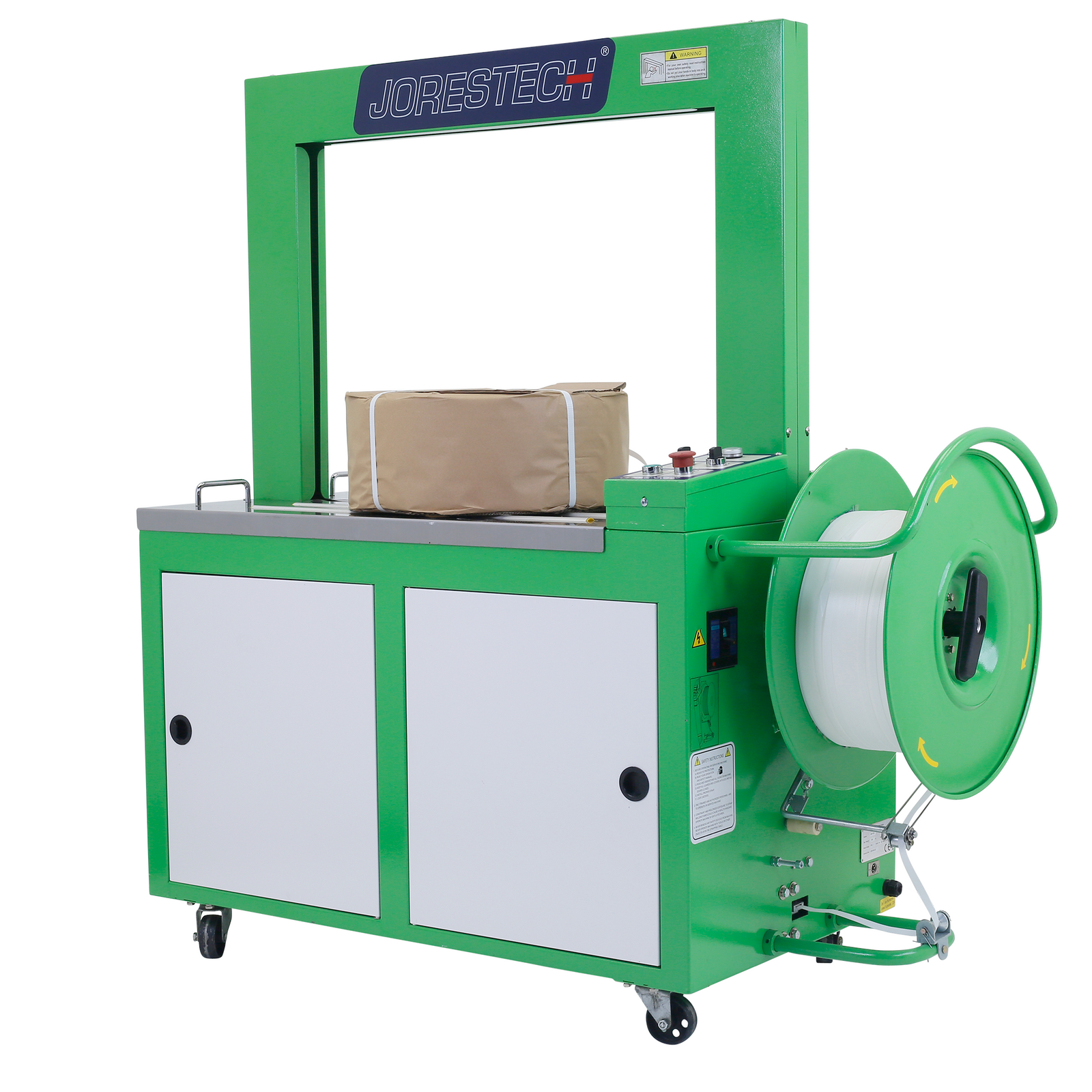 A green and gray JORES TECHNOLOGIES® Automatic Poly Strapping Machine with a roll of strap installed in the dispenser. The machine is strapping an item of a cylindrical shape