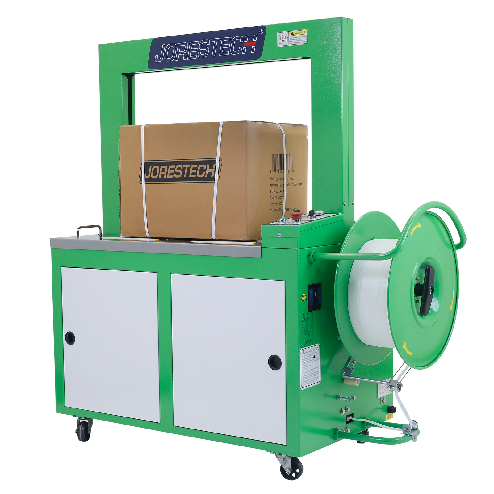 JORES TECHNOLOGIES® Automatic Poly Strapping Machine with a roll of strap installed in the dispenser. The machine is strapping a large carton box