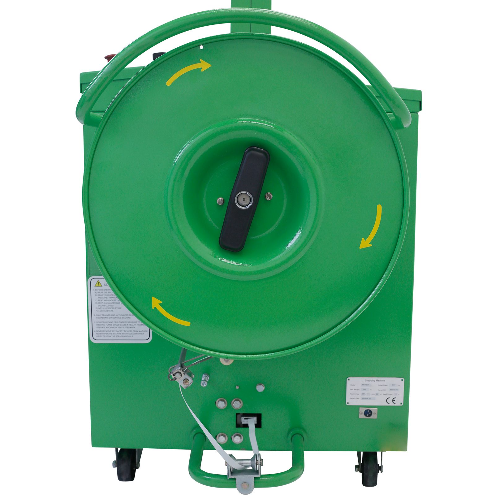 Close up of the strap dispenser of the jorestech automatic poly strapping machine where the strap is installed. Yellow arrows describe the rotation movement of the cylinder when in operation.