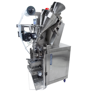 Stainless steel automatic vertical sachet-forming VFFS system for powder filling over a white background.
