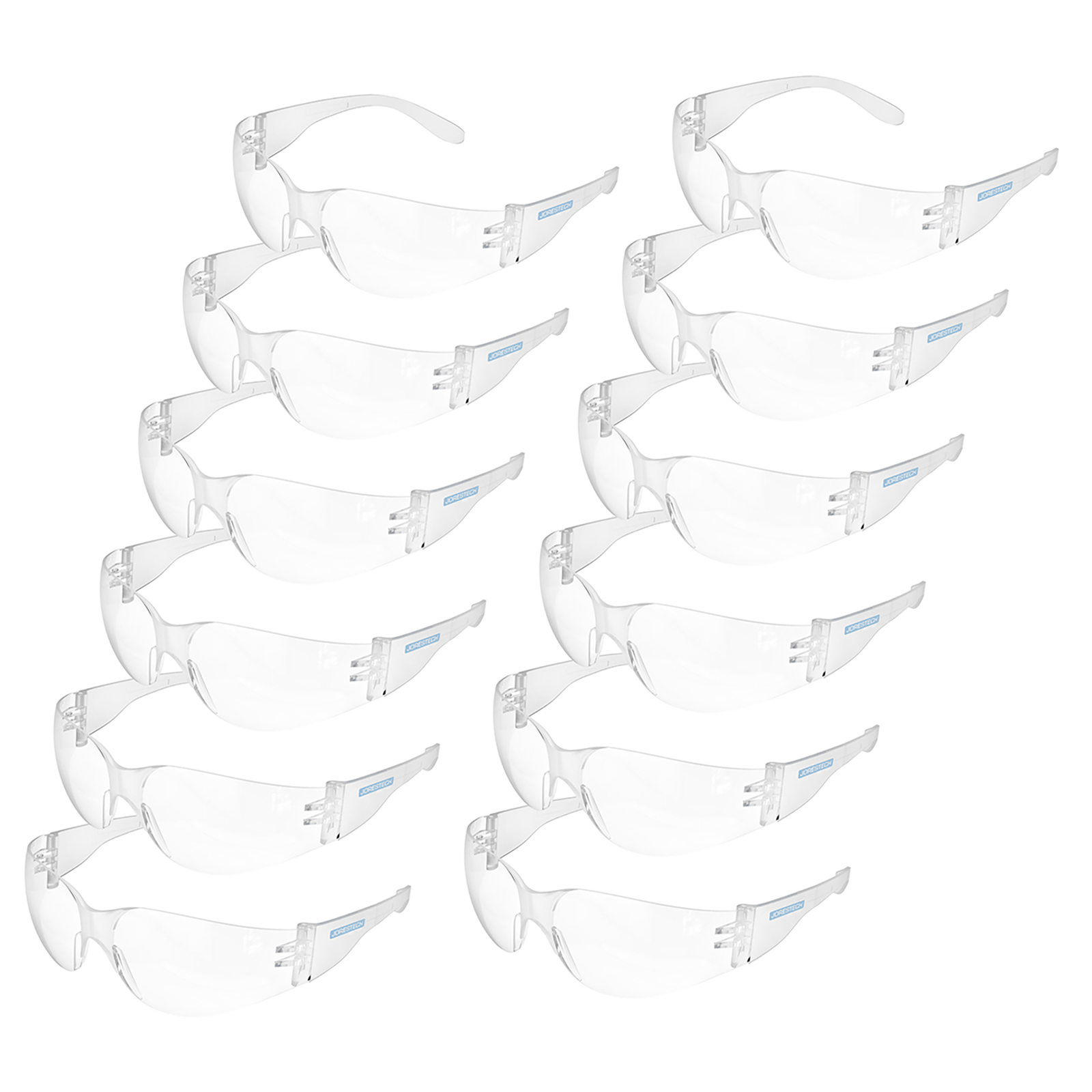 A set of 12 JORESTECH anti-fog clear glasses for high impact protection over white background